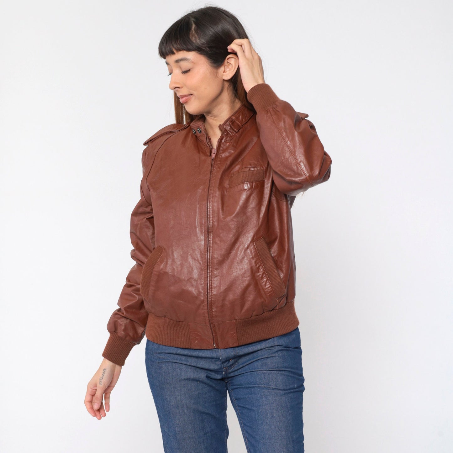80s Brown Leather Bomber Jacket Moto Zip Shoulder Epaulette Men's Medium