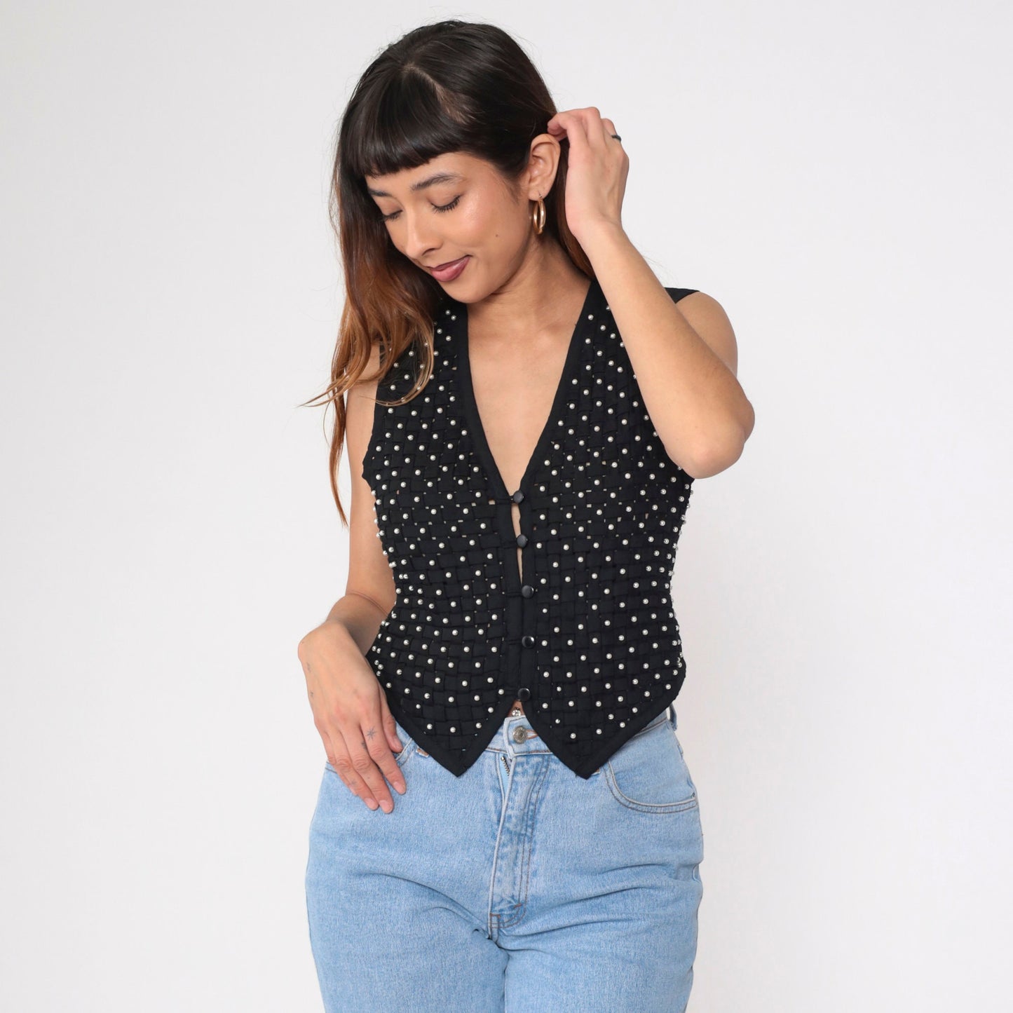 90s Kenar Petites Black Pearl Beaded Vest Lattice Cutout Small