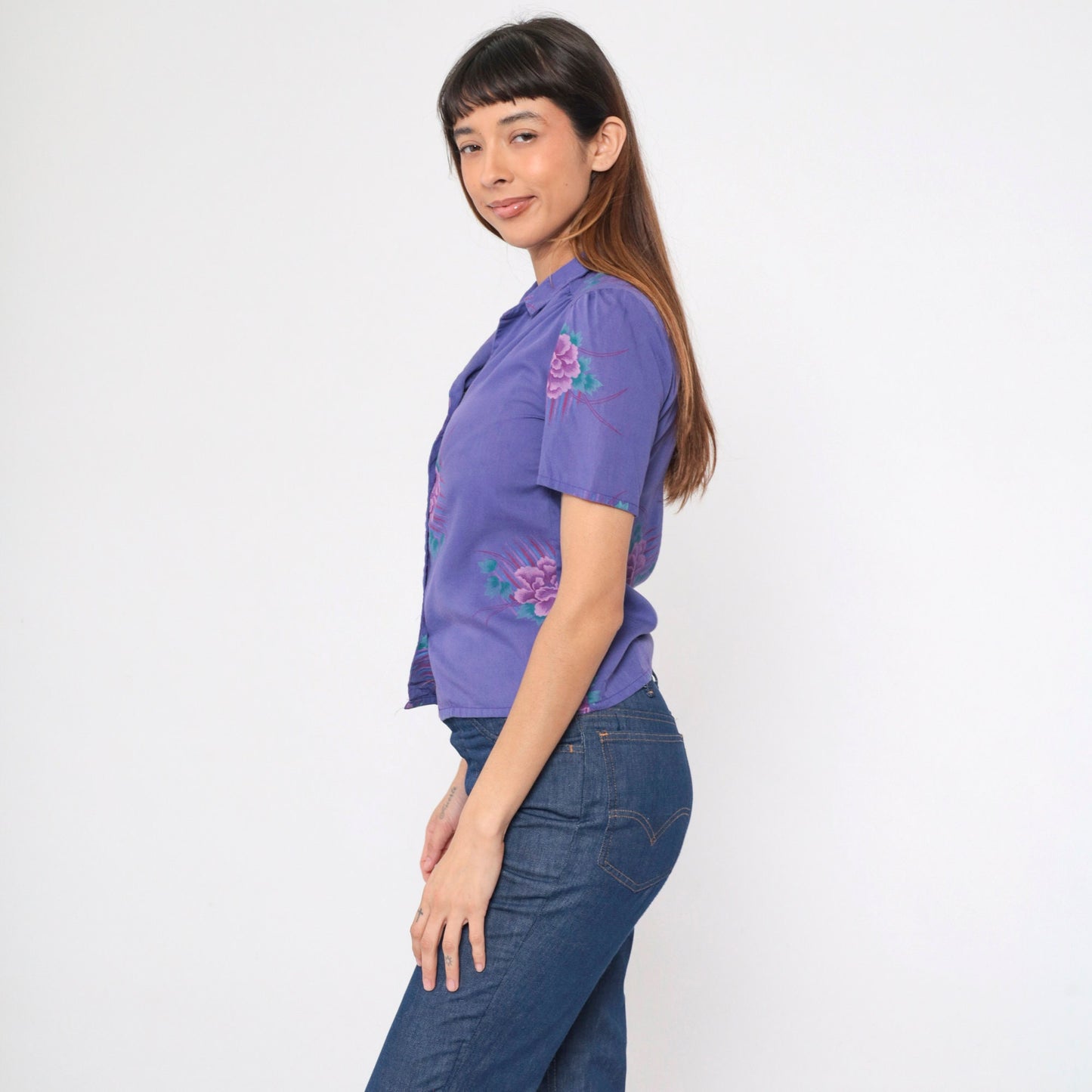 80s Purple Floral Puff Sleeve Button-Up Blouse Collared Shirt Small