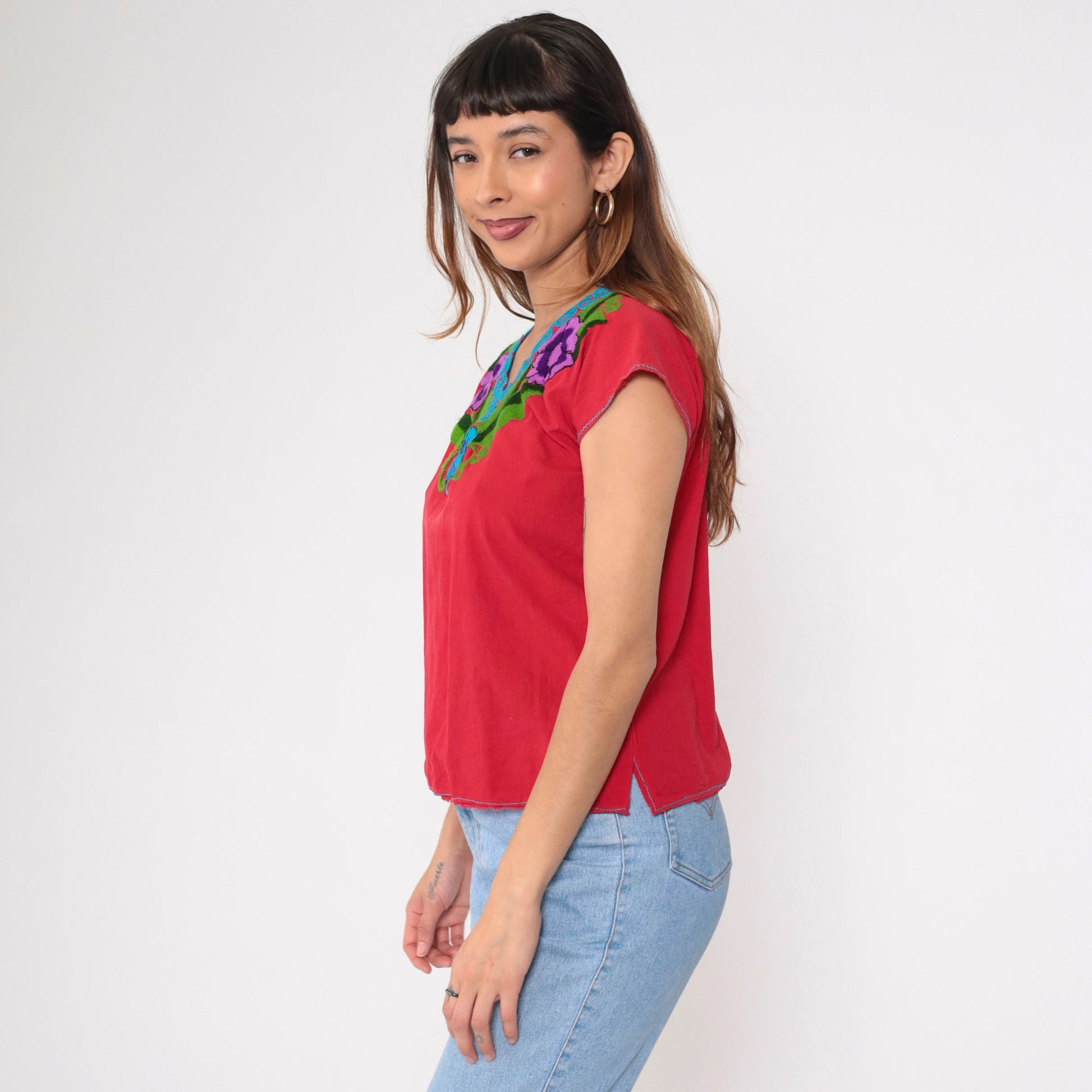 90s Mexican Embroidered Floral Blouse Red V-Neck Short Sleeve Small Medium