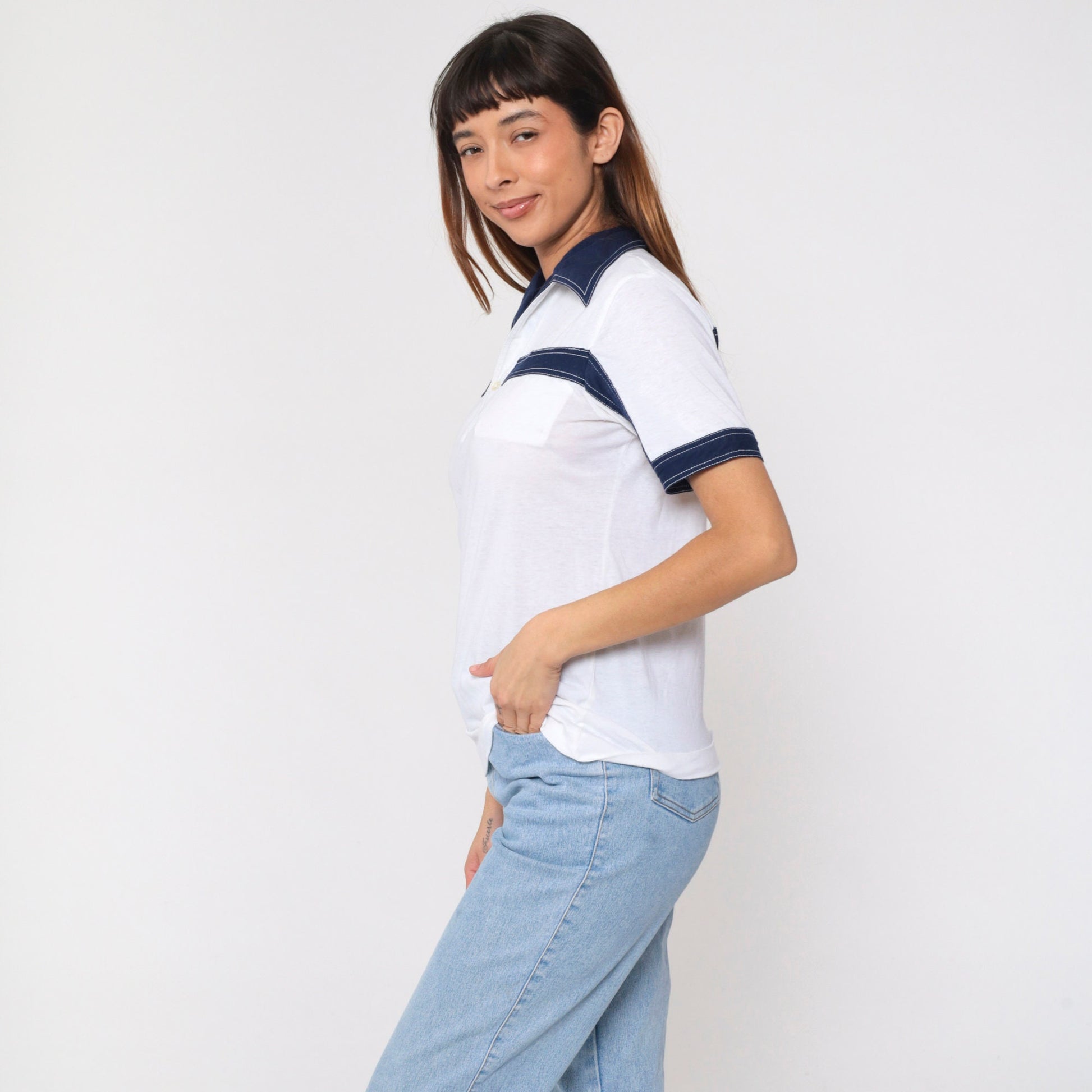 70s Striped Polo Shirt White Navy Blue Dagger Collar Short Sleeve Small