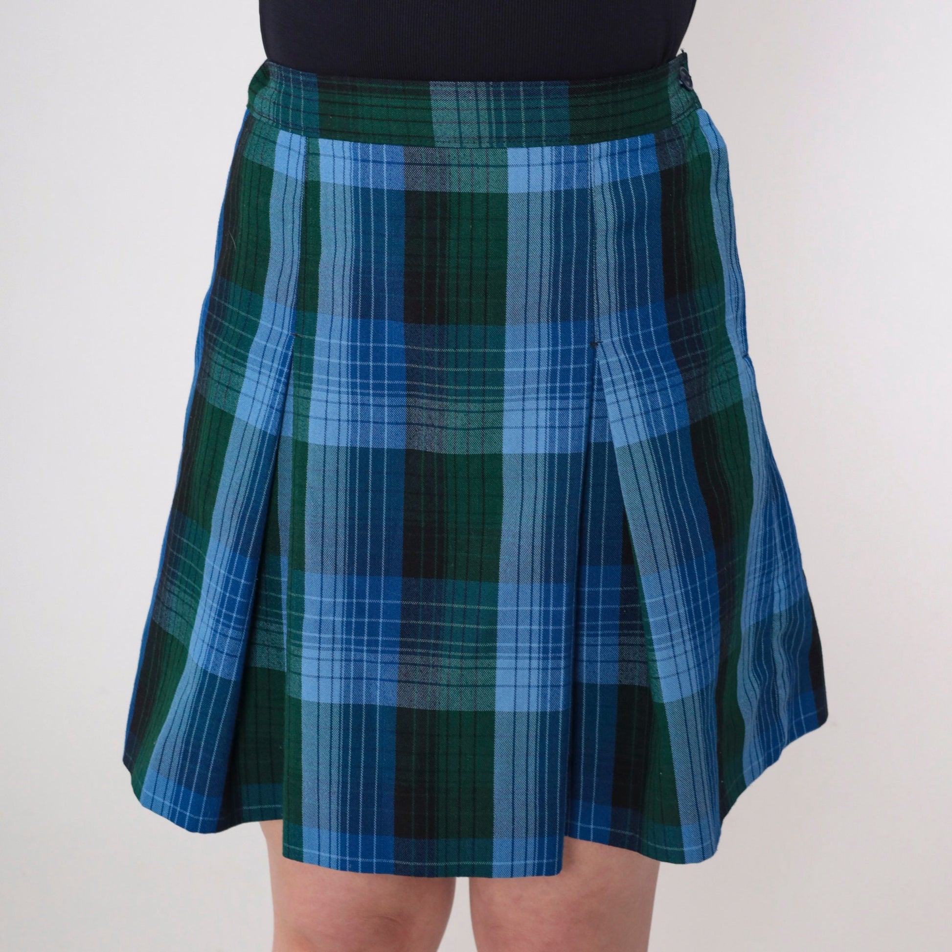 Y2K Plaid Mini Skirt High Waisted Pleated Blue Green Tartan Medium M
