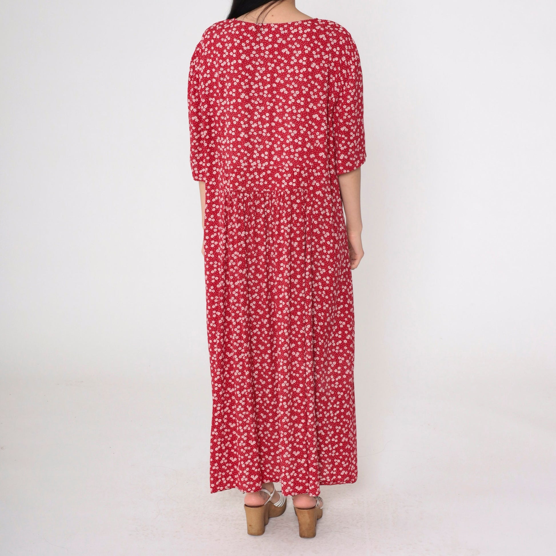90s More Jazz Red Floral Maxi Dress Puff Sleeve Plus Size XXL