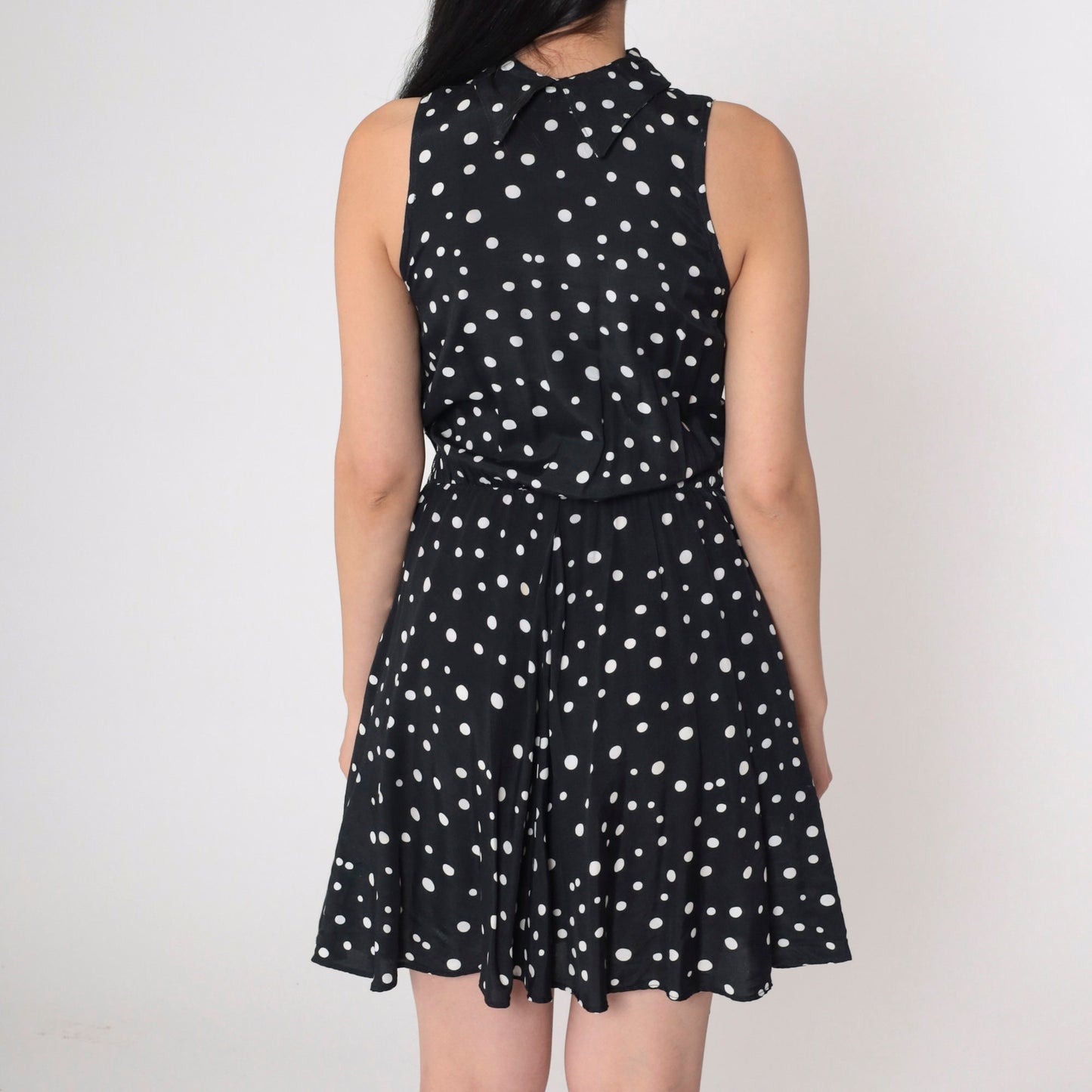 90s Ed Michaels Polka Dot Mini Dress Black White Collared Sleeveless Extra Small