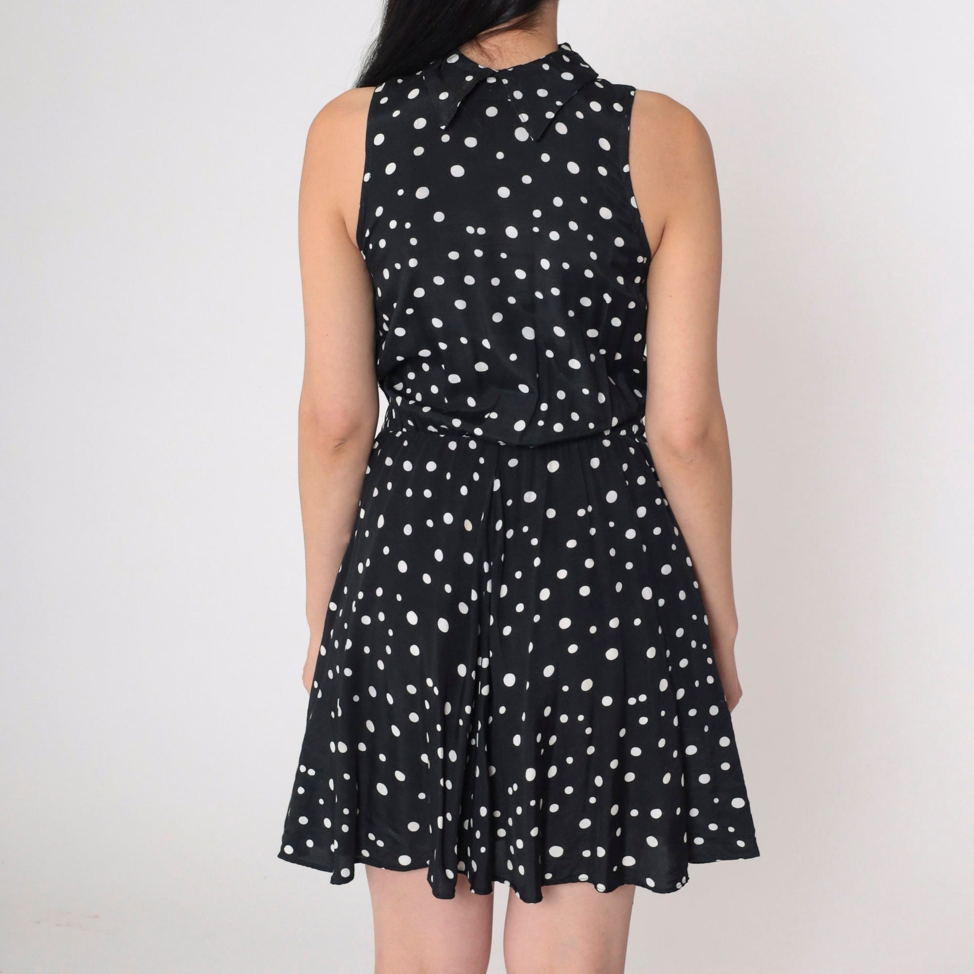 90s Ed Michaels Polka Dot Mini Dress Black White Collared Sleeveless Extra Small