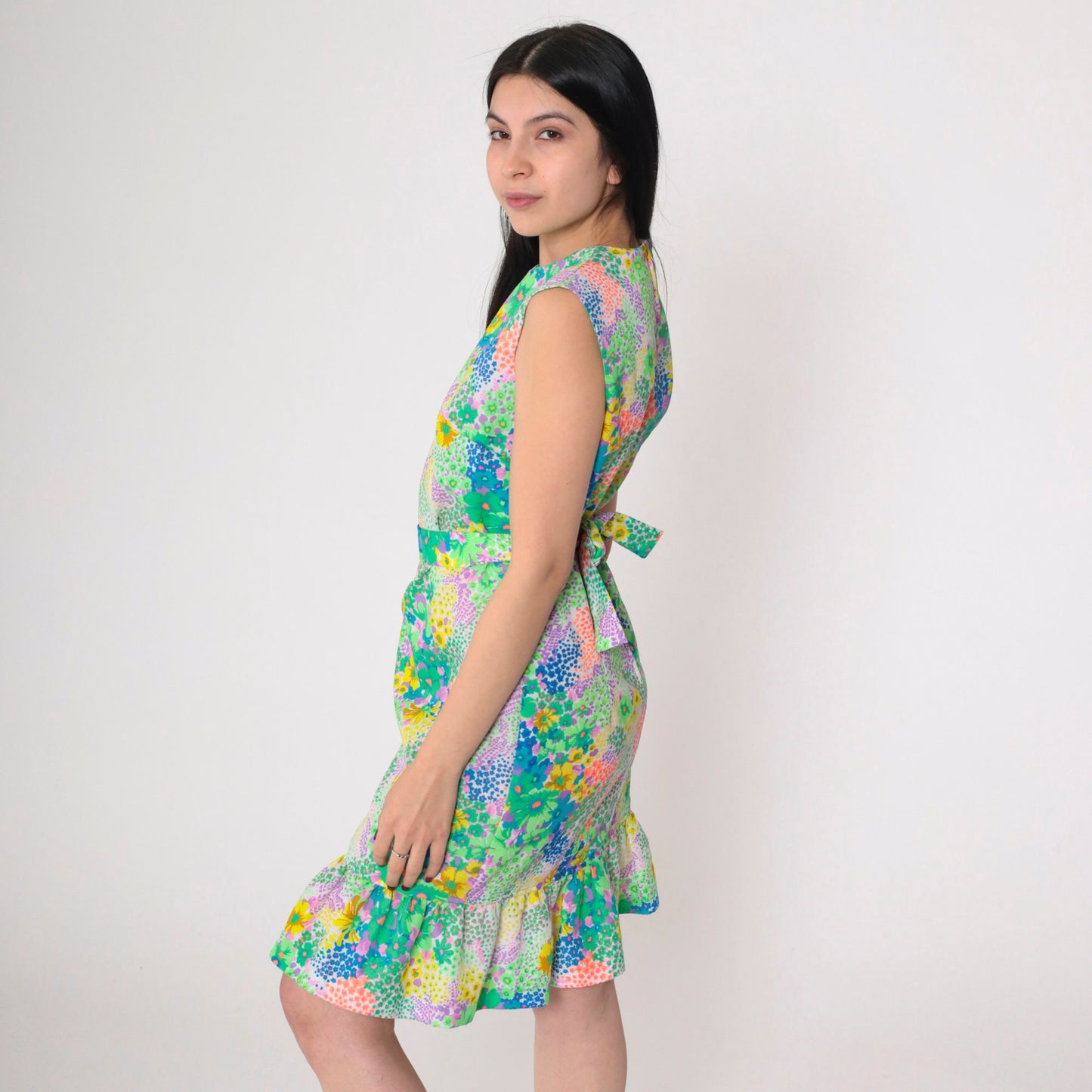 70s Liberty Circle Floral Mini Dress Sleeveless High Waist Small