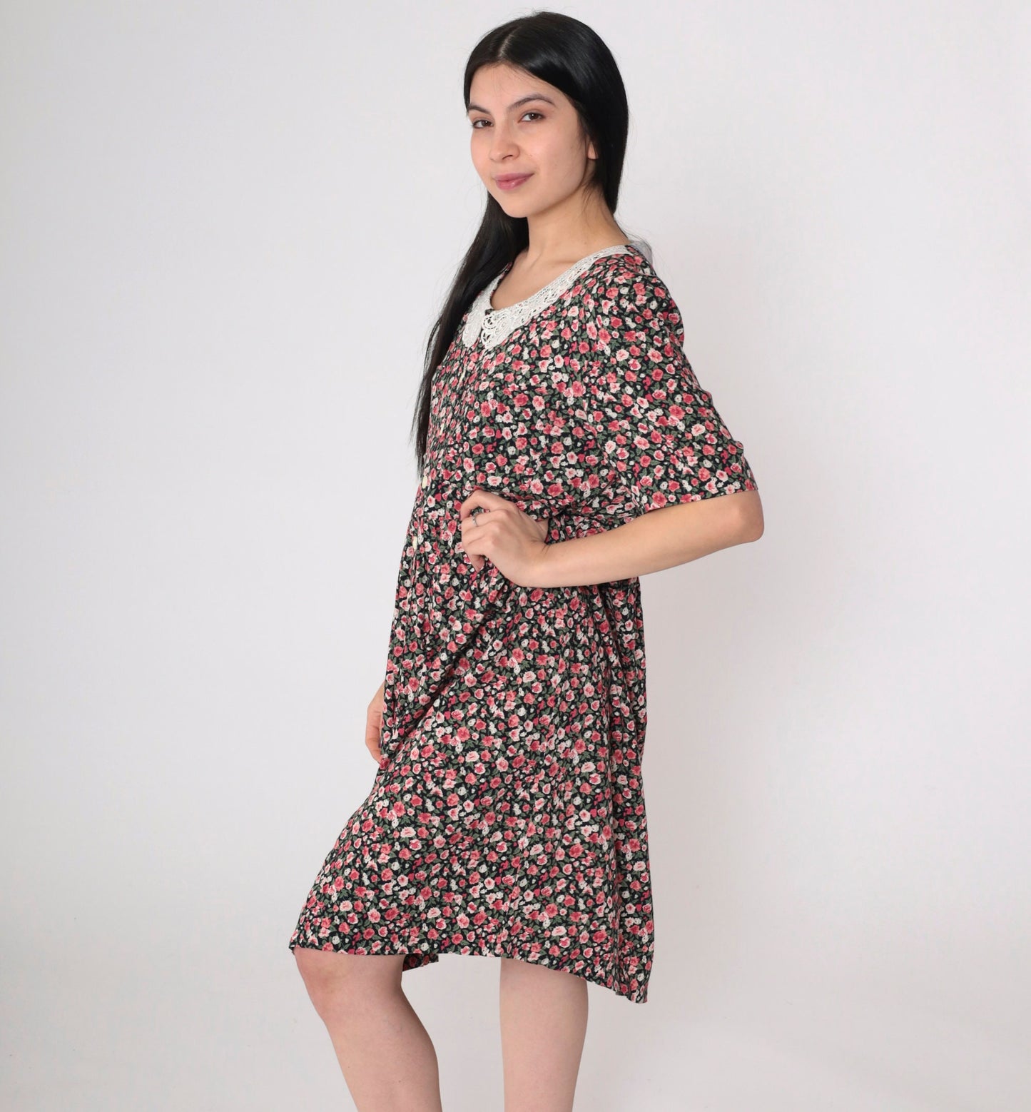 90s Kathie Lee Floral Mini Dress Lace Collar Button-Up Short Sleeve Medium