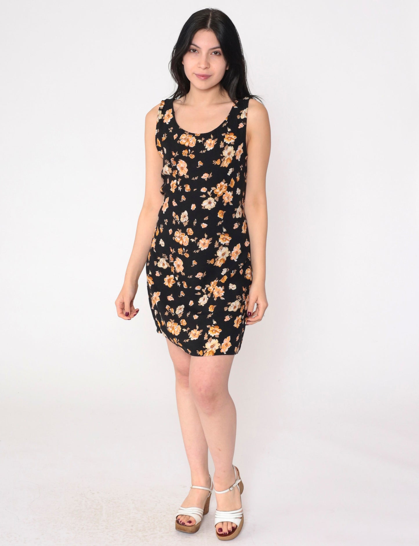 90s Black Floral Mini Dress Sleeveless Tie-Back Sundress Small S