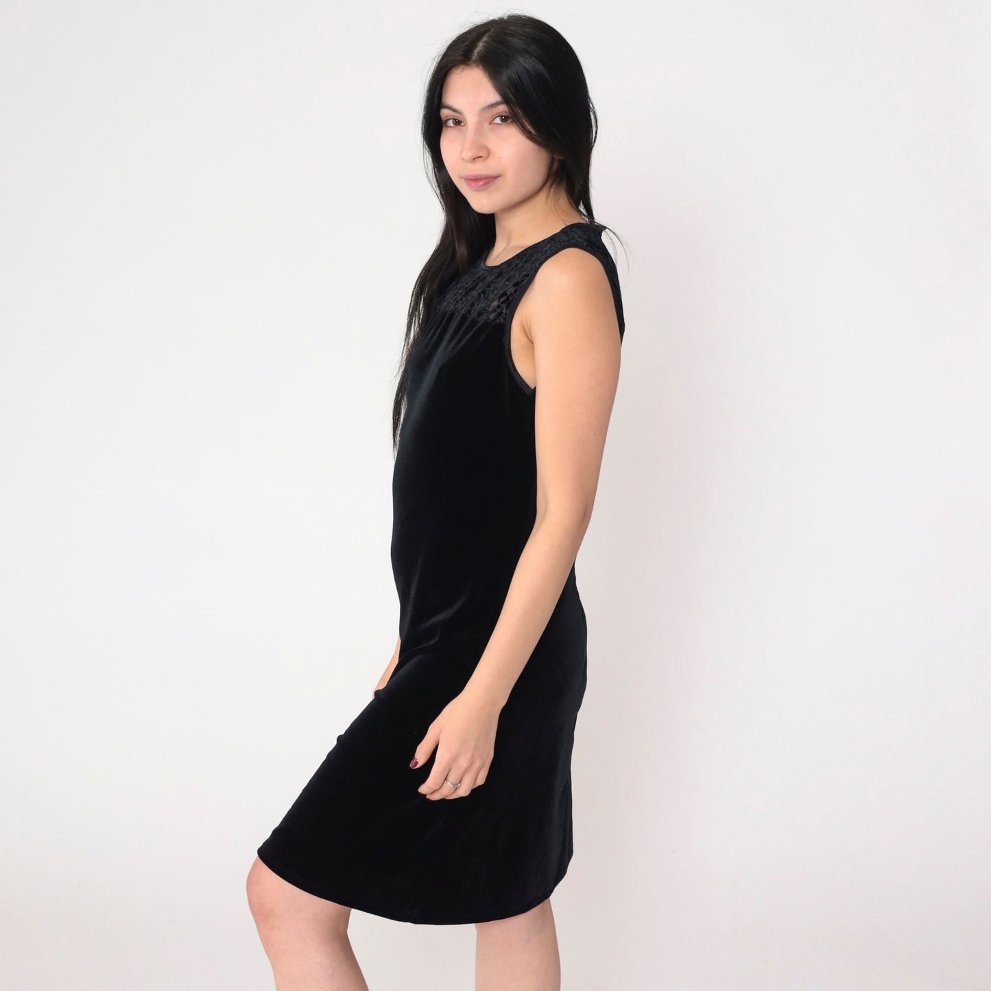 00s Black Velvet Mini Dress Y2K Floral Burnout Sleeveless Shift Large L
