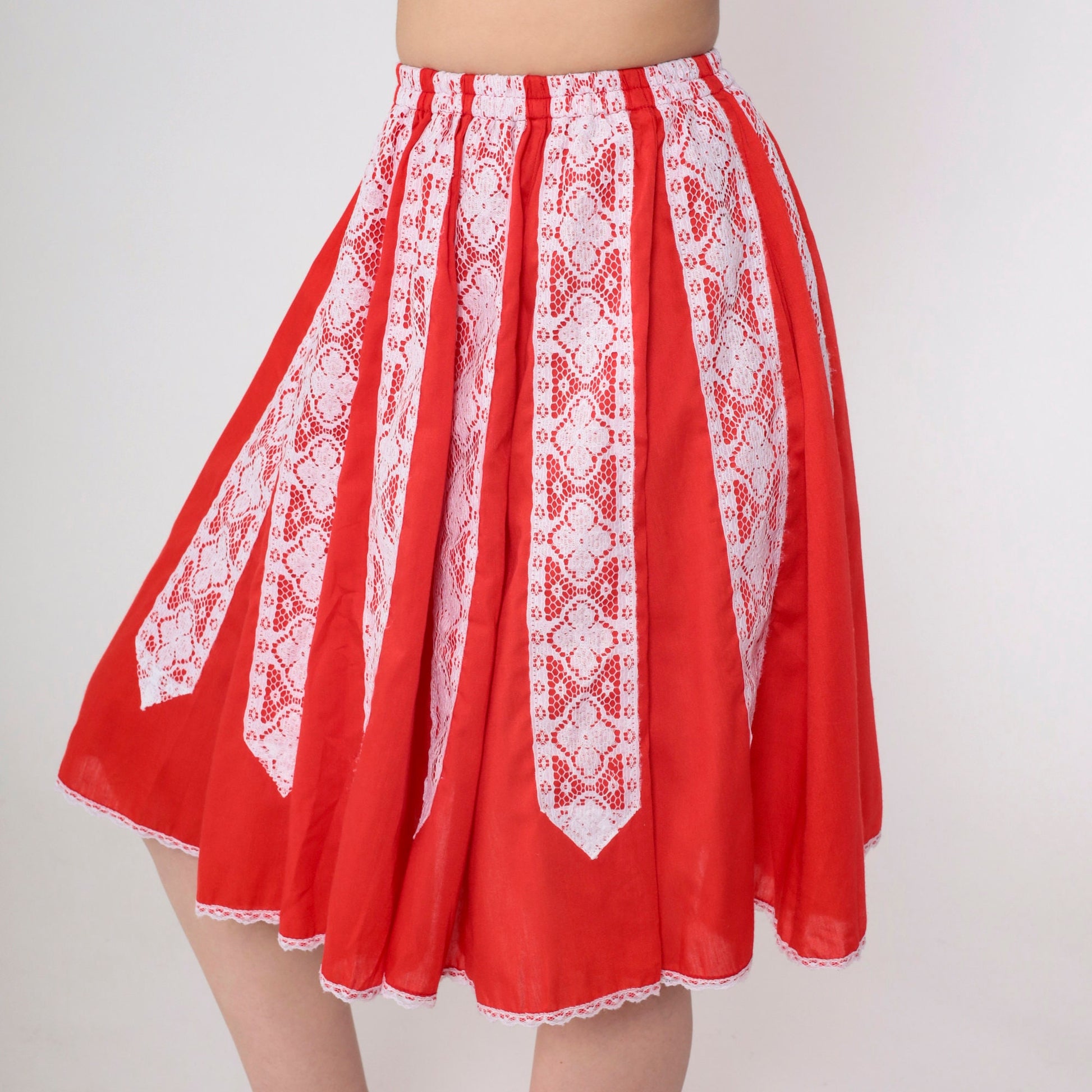 80s Red Lace Trim Mini Skirt White Floral High Waist Extra Small