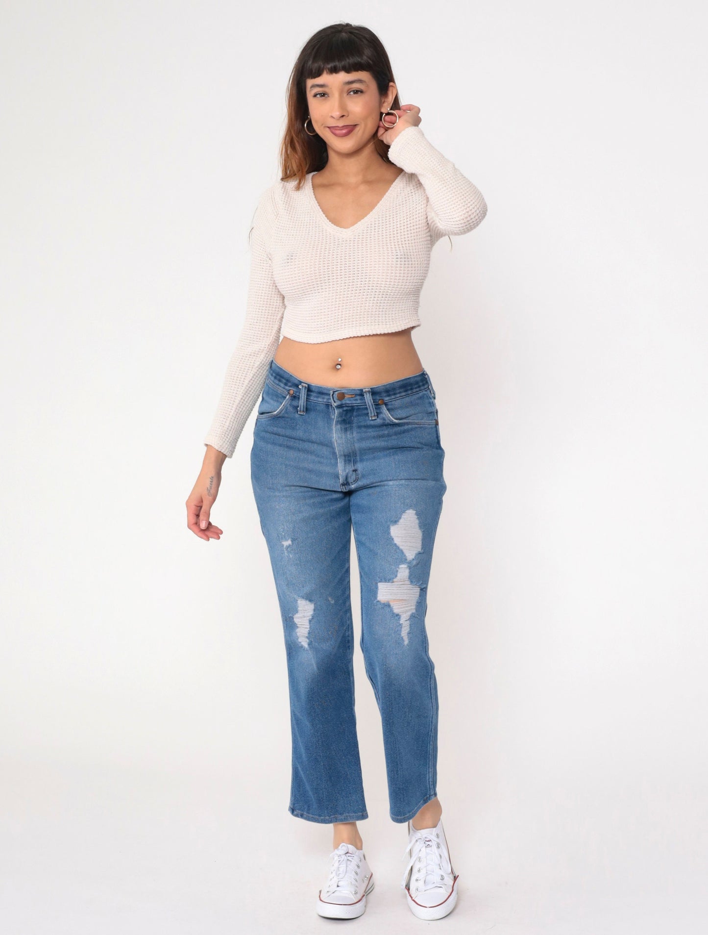 80s Wrangler High Waist Bootcut Jeans Distressed Blue Denim Men's 34