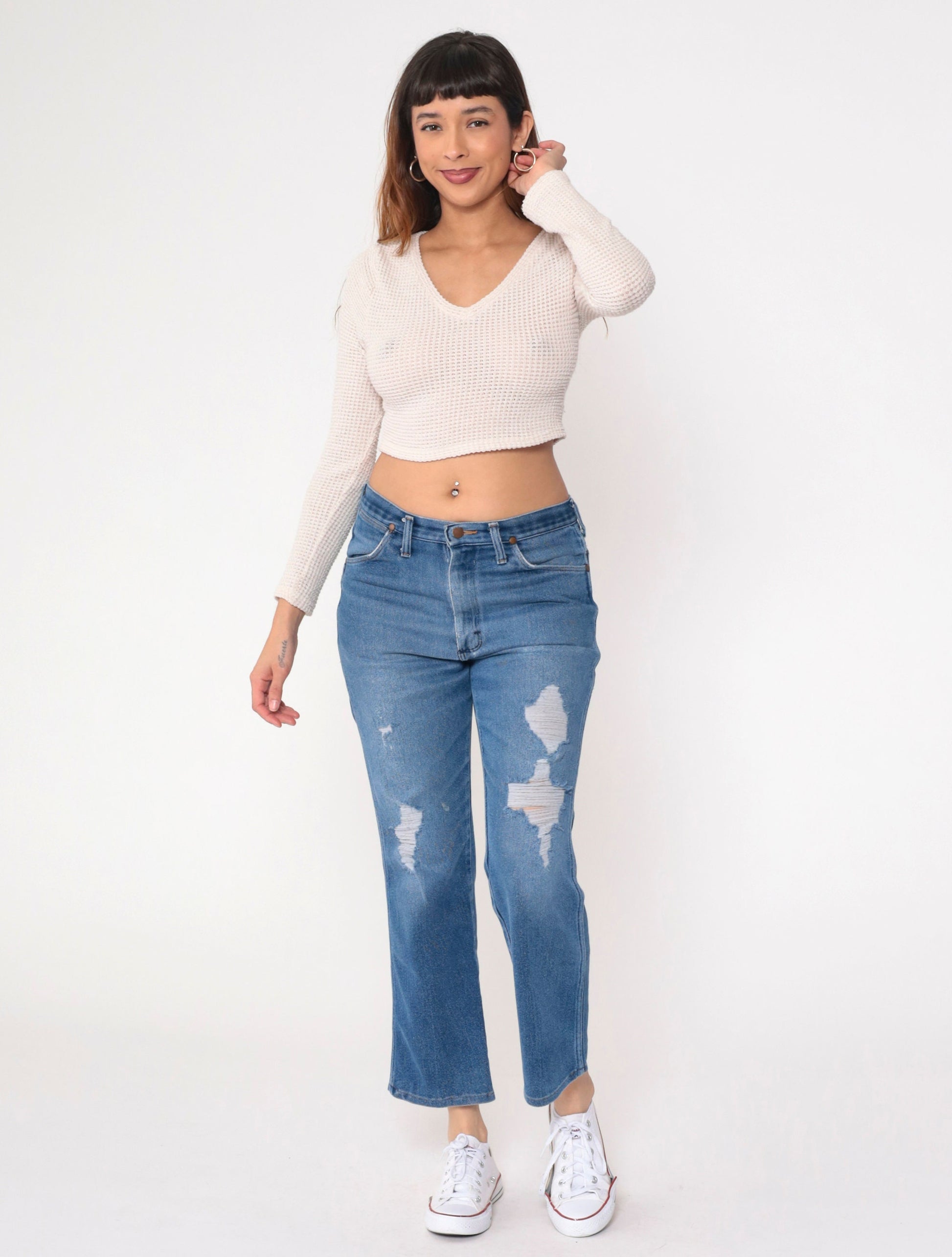 80s Wrangler High Waist Bootcut Jeans Distressed Blue Denim Men's 34