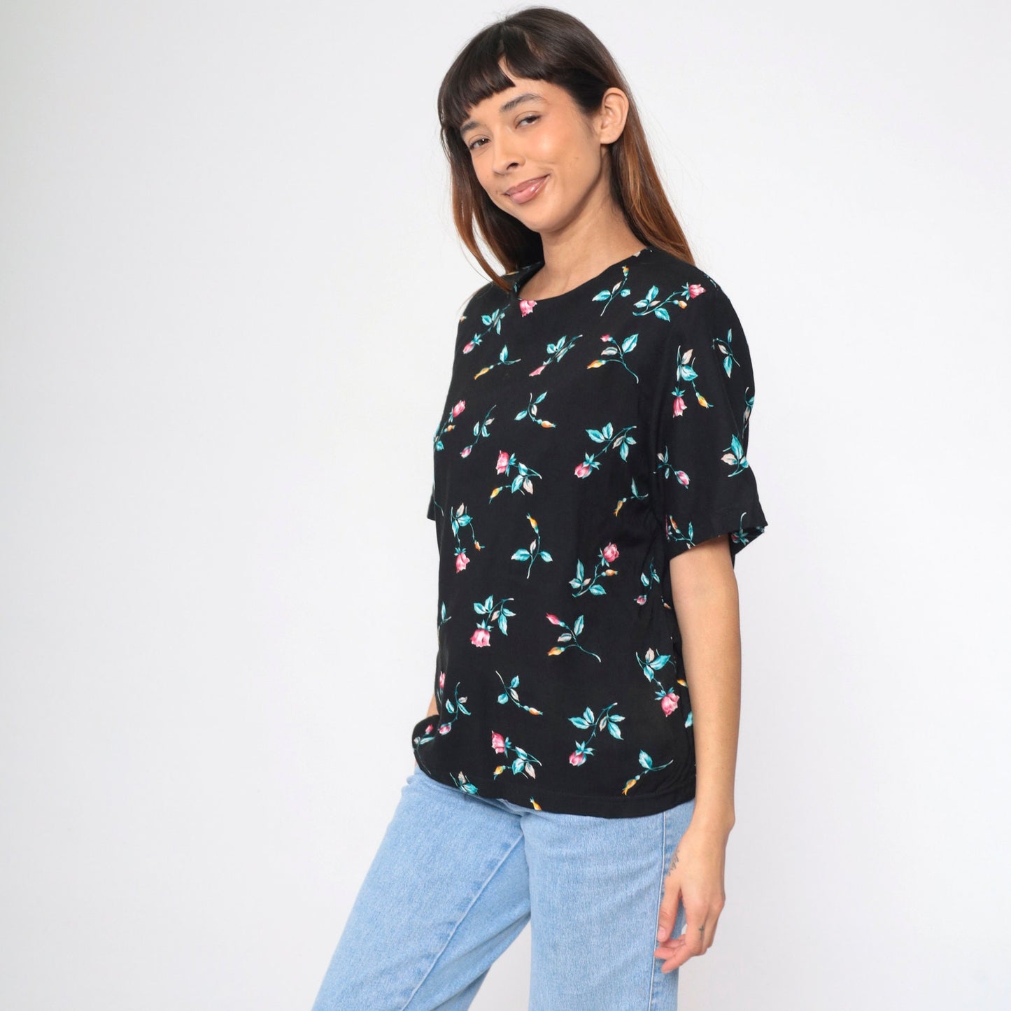 90s Black Floral Rayon Blouse Short Sleeve Rose Print Shirt Medium