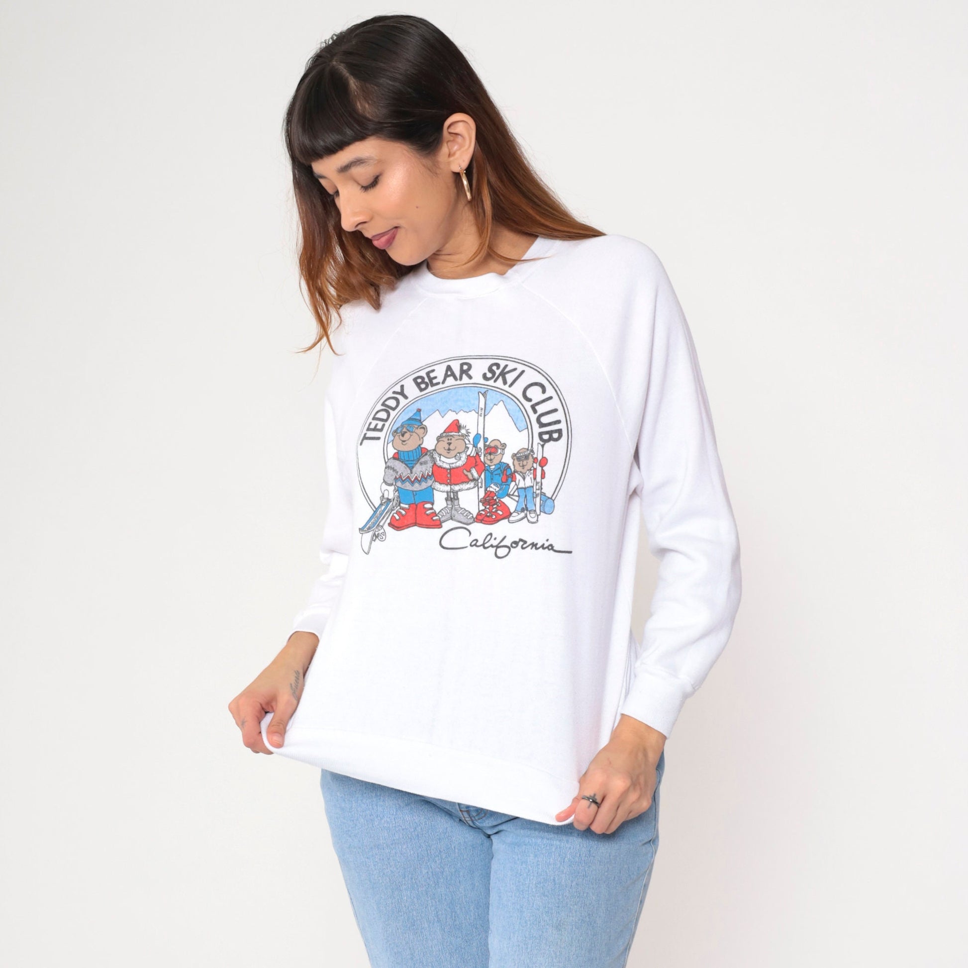 90s Teddy Bear Ski Club California Graphic Sweatshirt White Crewneck Small