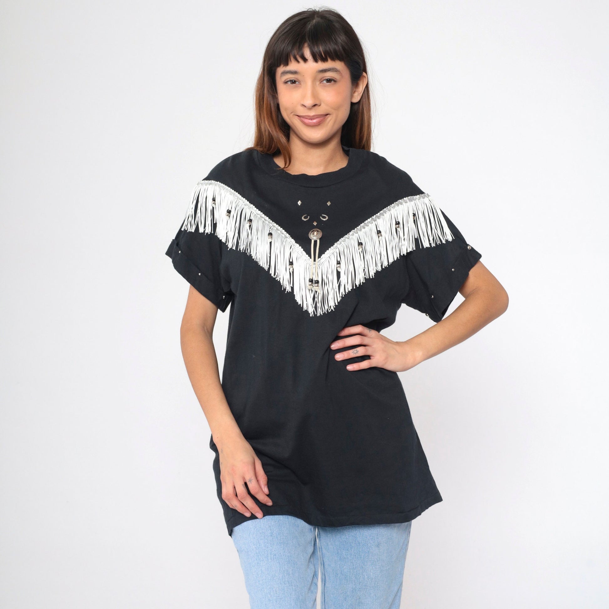 90s Southwest Fringe T-Shirt Black Studded Horseshoe Concho Cotton Medium