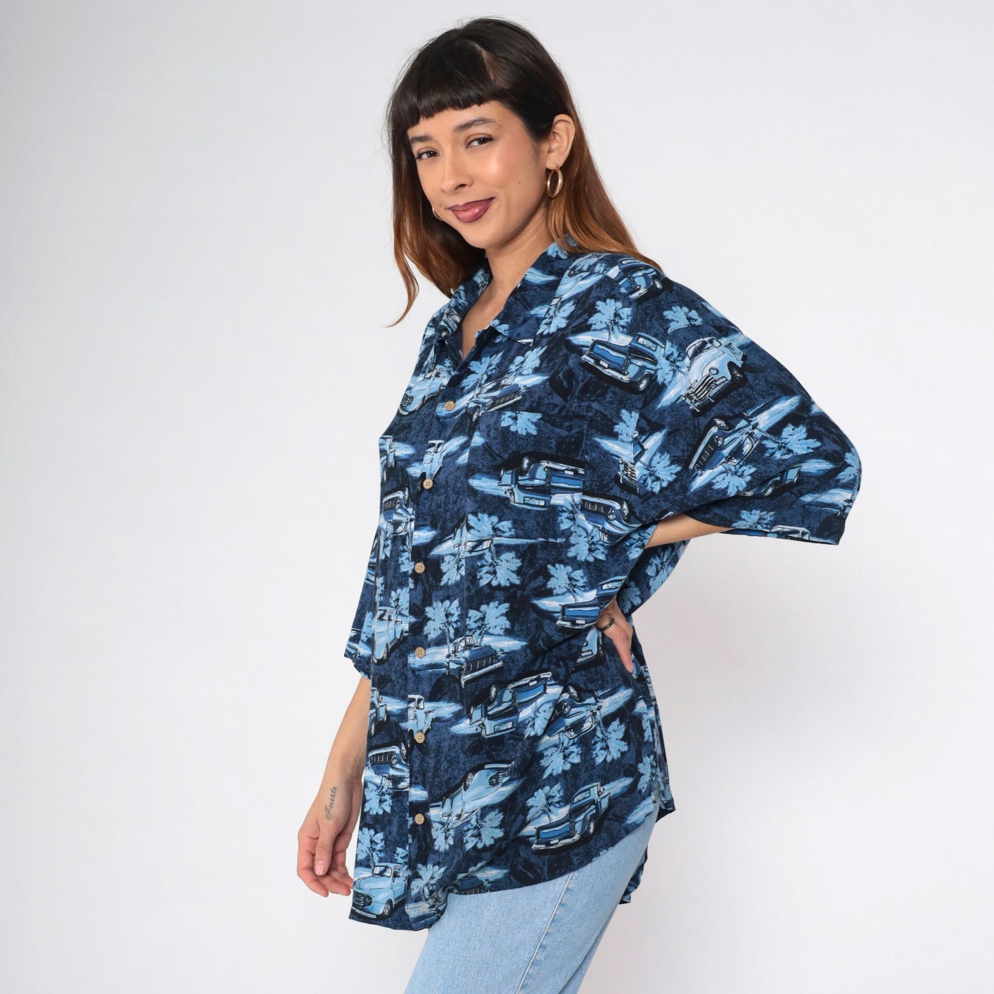 90s Puritan Truck Print Button-Up Shirt Blue Rayon XXL