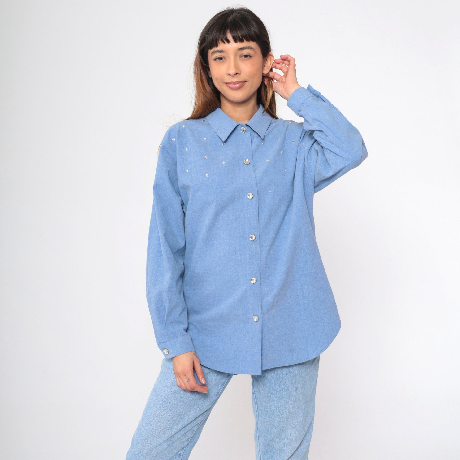 90s Blue Chambray Blouse Rhinestone Studs Long Sleeve Collared Shirt Large