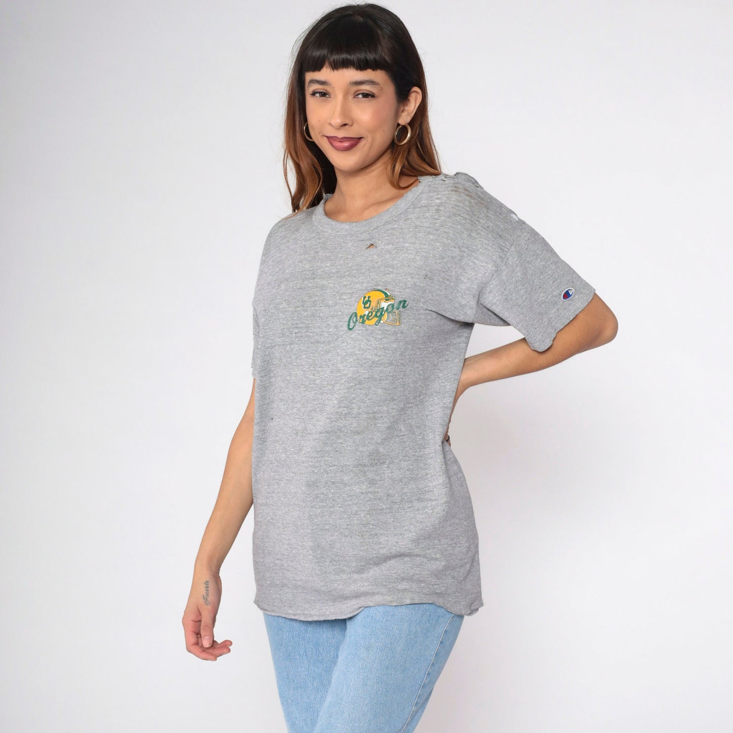 80s University of Oregon Champion Football Graphic Tee Grey Distressed Medium
