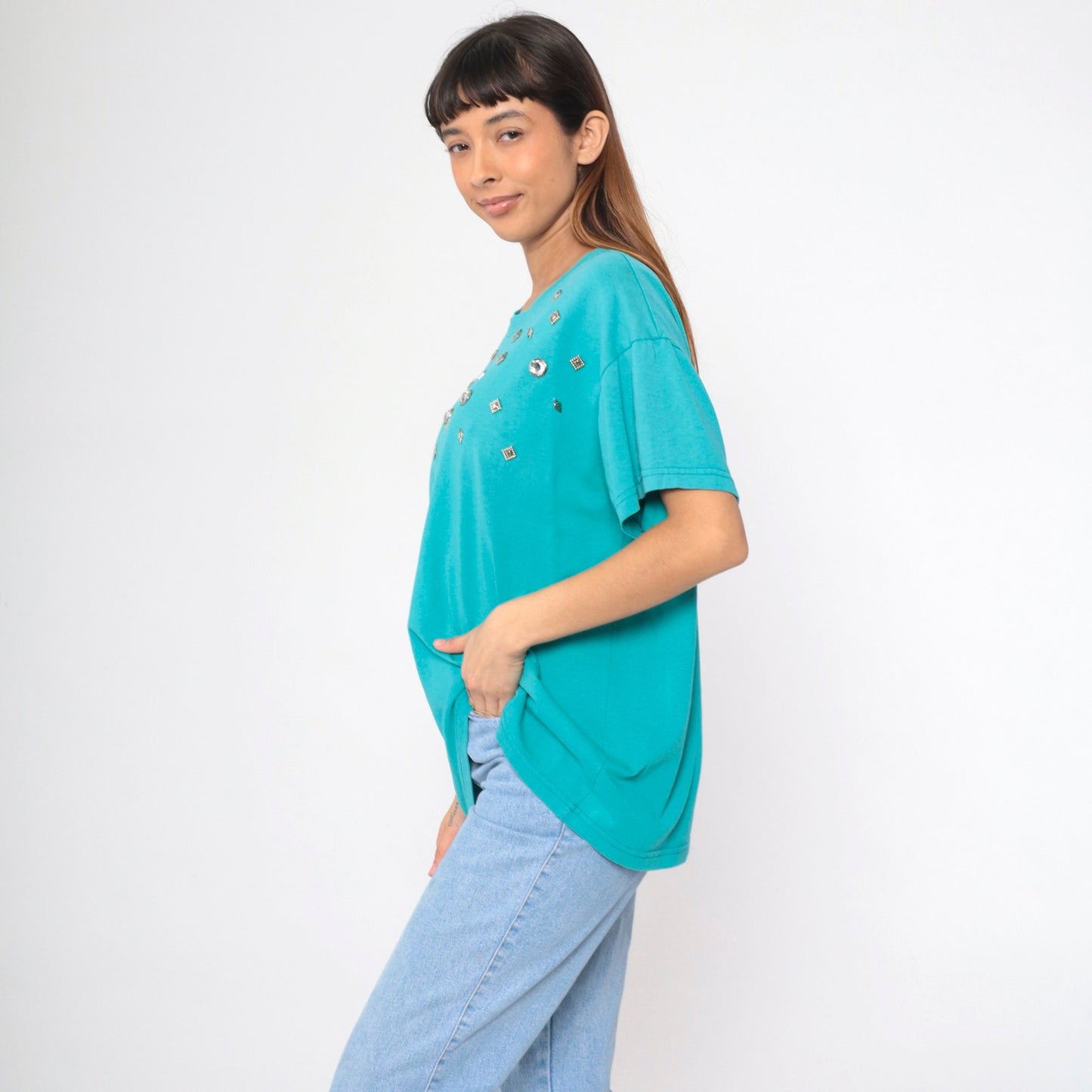90s Turquoise Studded T-Shirt Silver Rhinestone Embellished Cotton Large L