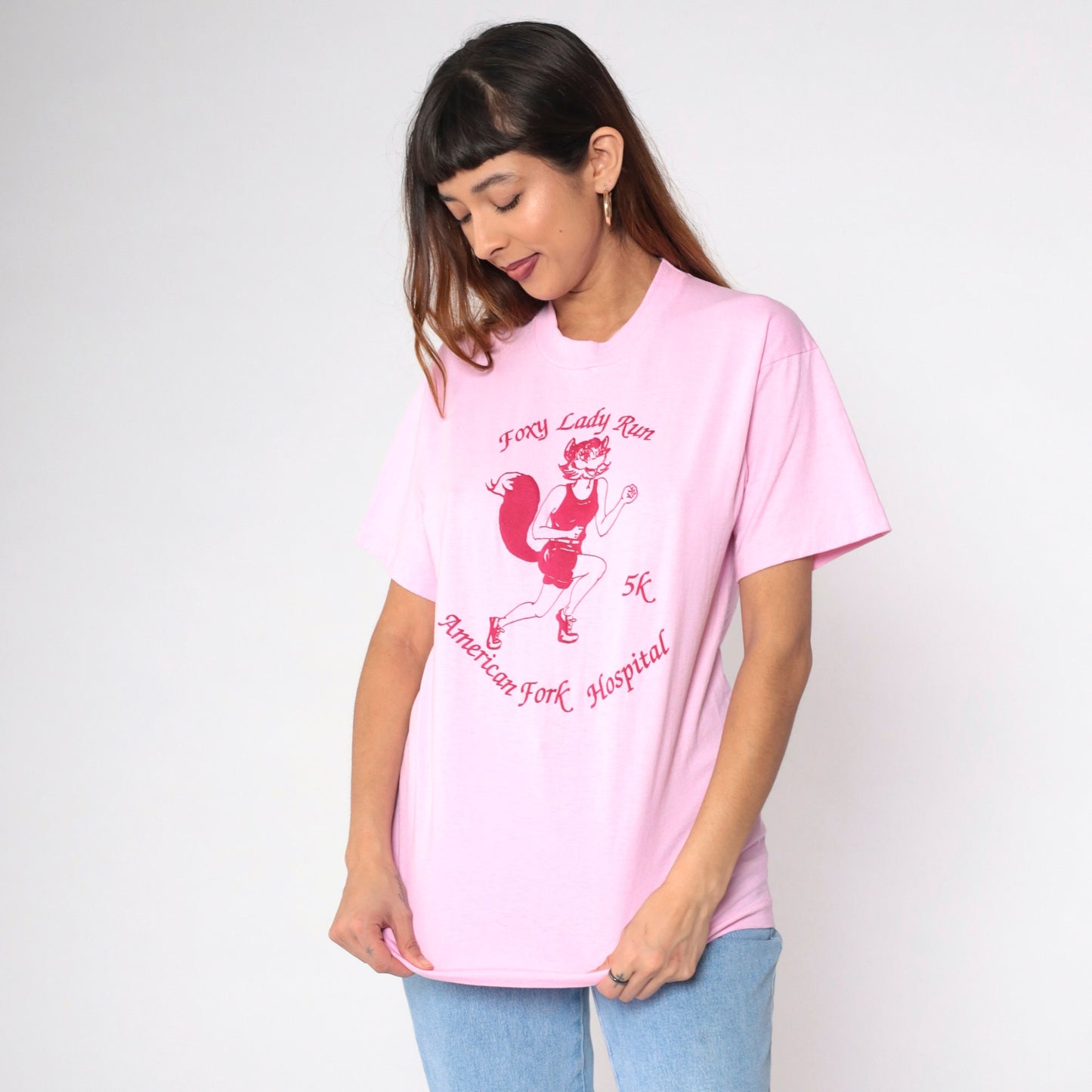 80s Foxy Lady Run 5K American Fork Hospital Graphic Tee Pink Single Stitch Medium