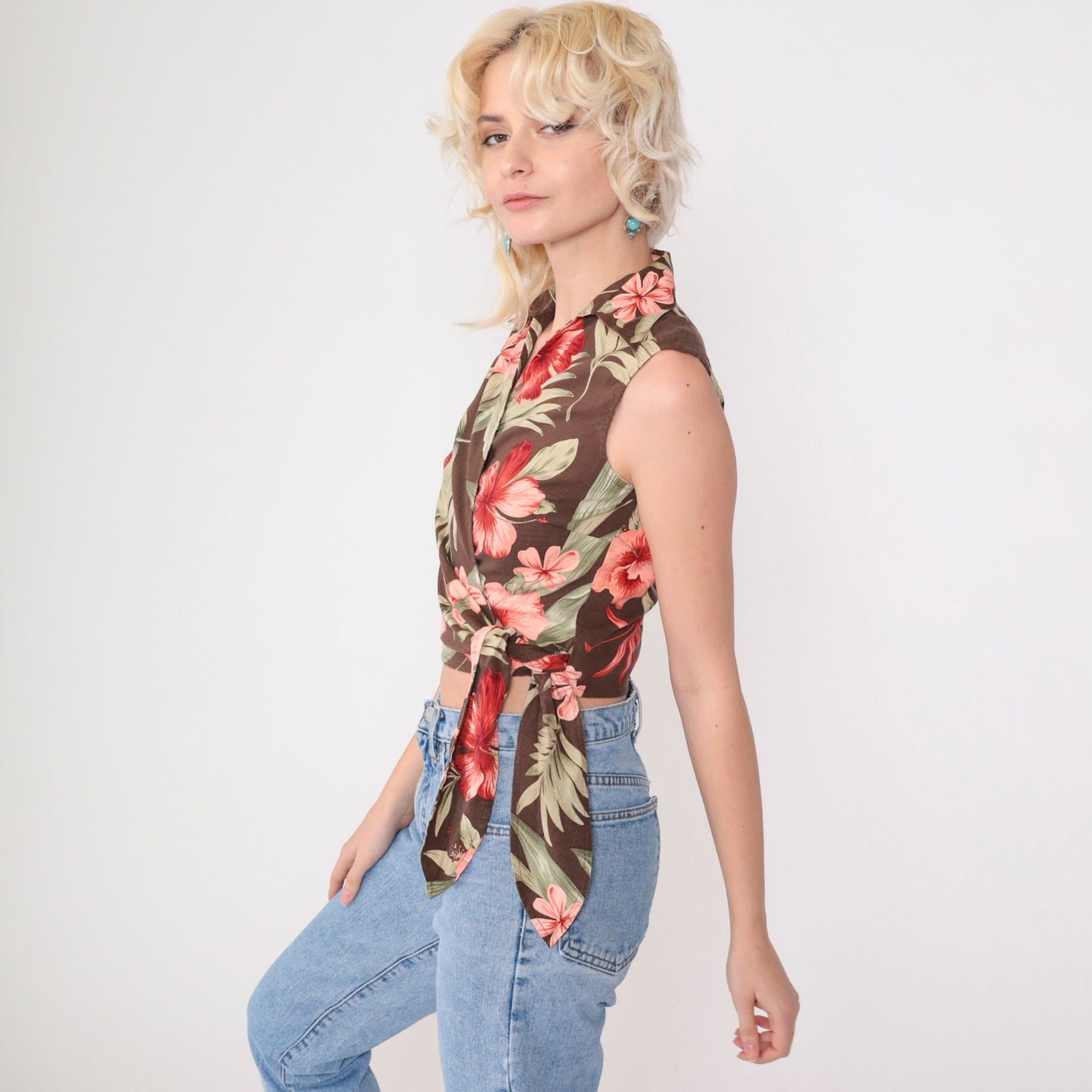 90s Tommy Bahama Tropical Silk Crop Top Brown Hibiscus Wrap Tie Waist Extra Small