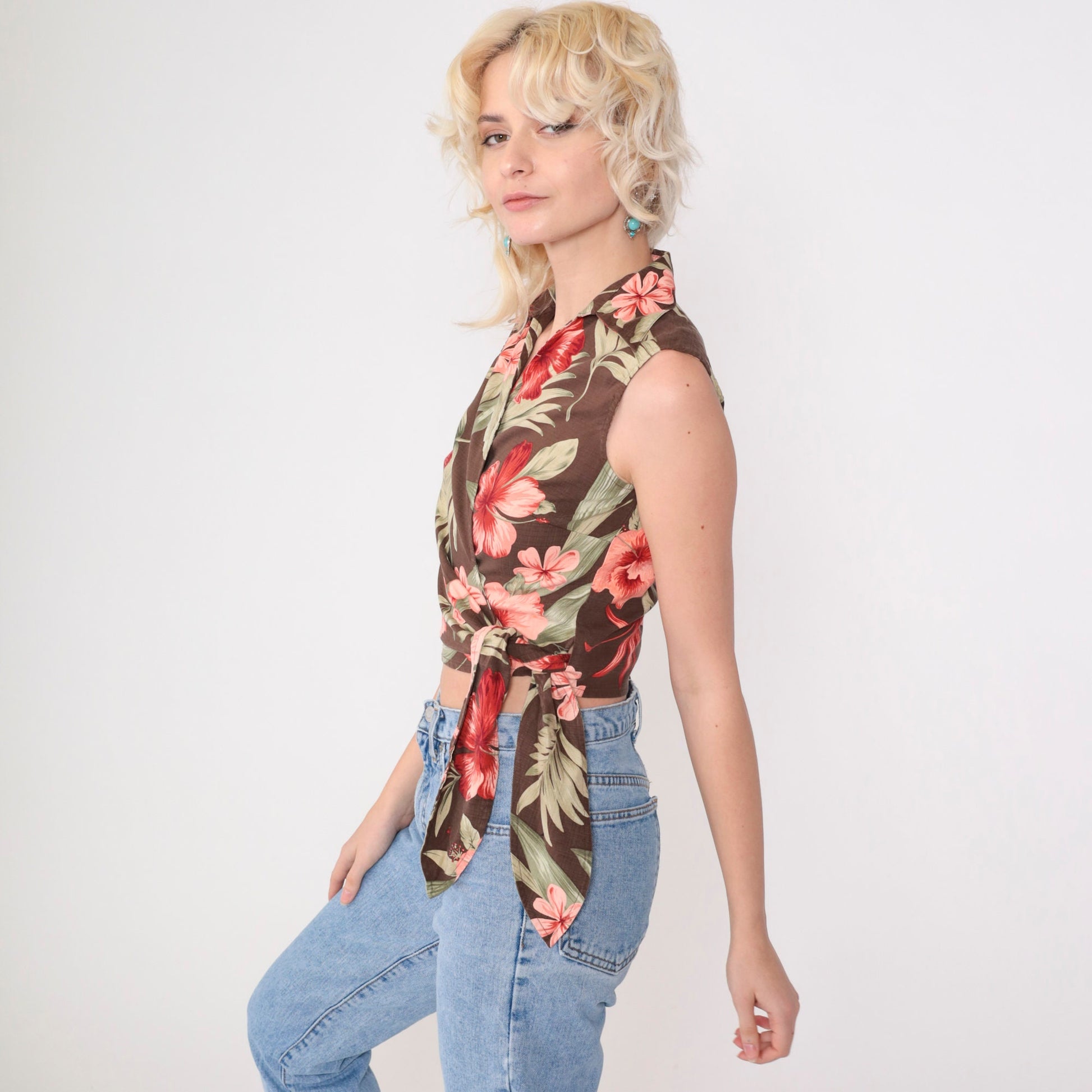 90s Tommy Bahama Tropical Silk Crop Top Brown Hibiscus Wrap Tie Waist Extra Small