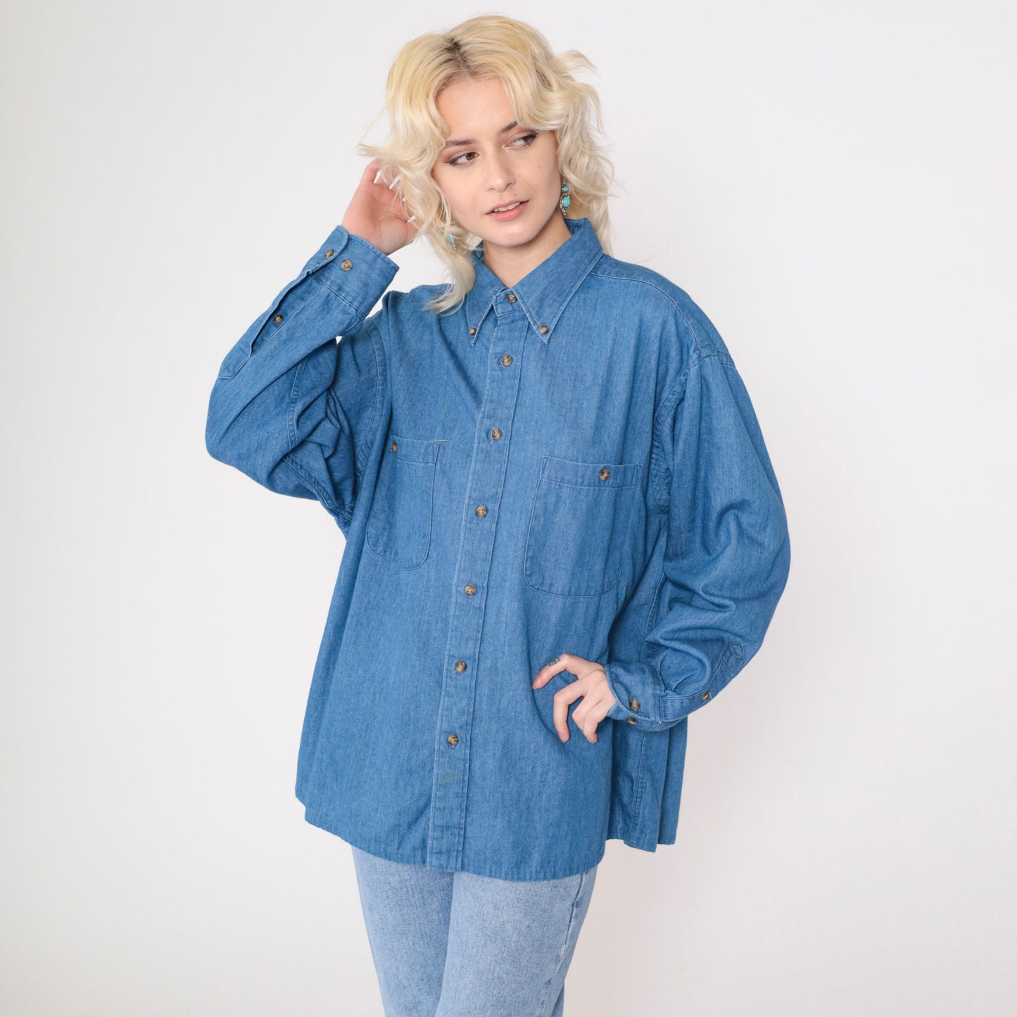 90s Club Room Blue Denim Button-Up Shirt Long Sleeve Cotton Men's 16 1/2