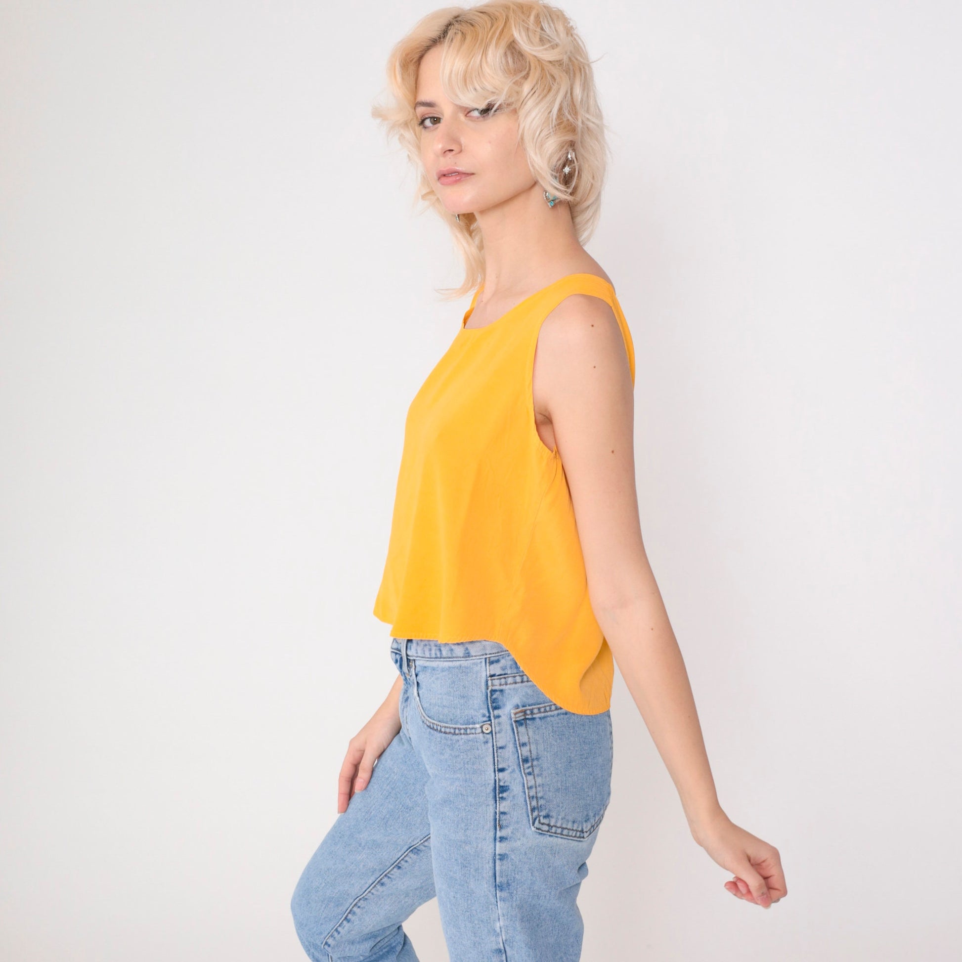 90s Marigold Yellow Scoop Neck Tank Top Rayon Small S