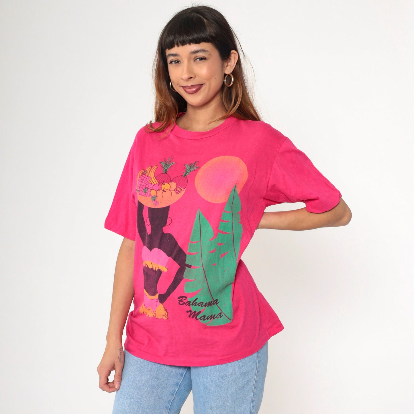 80s Bahama Mama Tropical Graphic T-Shirt Hot Pink Cotton Tee Medium