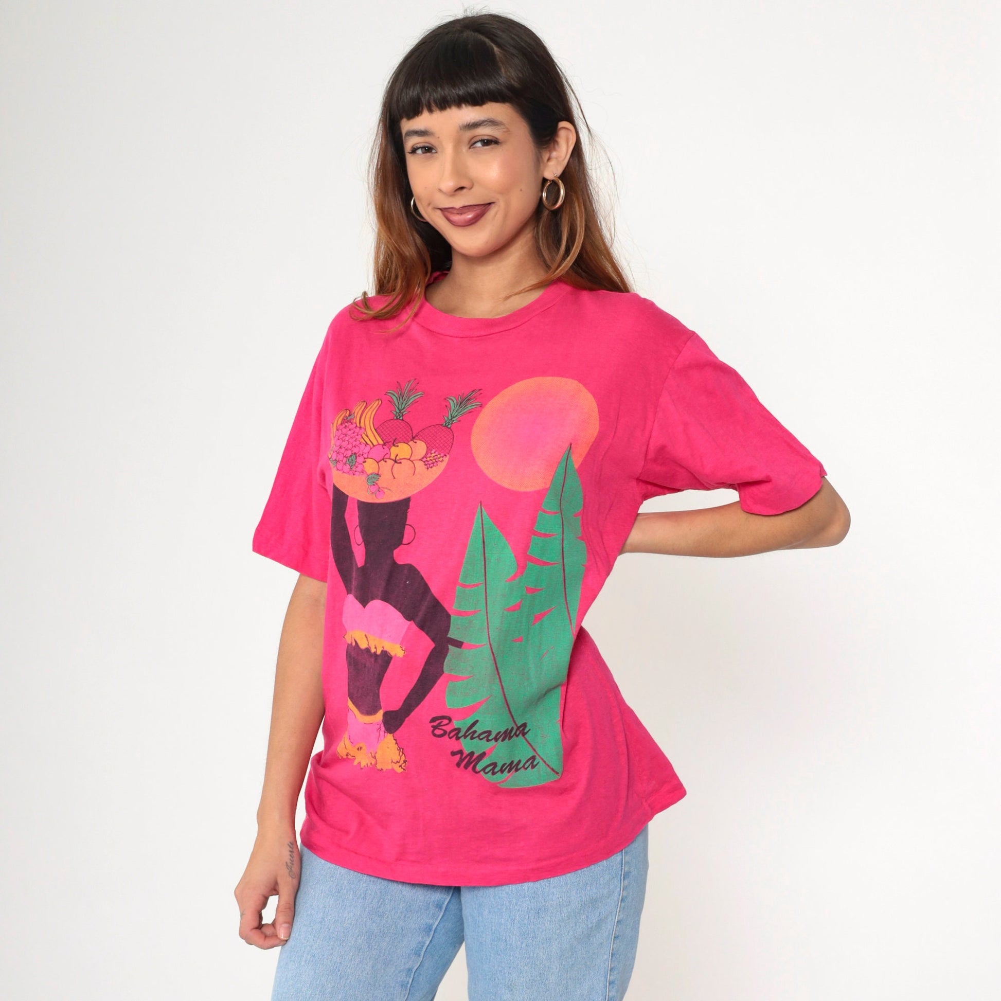 80s Bahama Mama Tropical Graphic T-Shirt Hot Pink Cotton Tee Medium