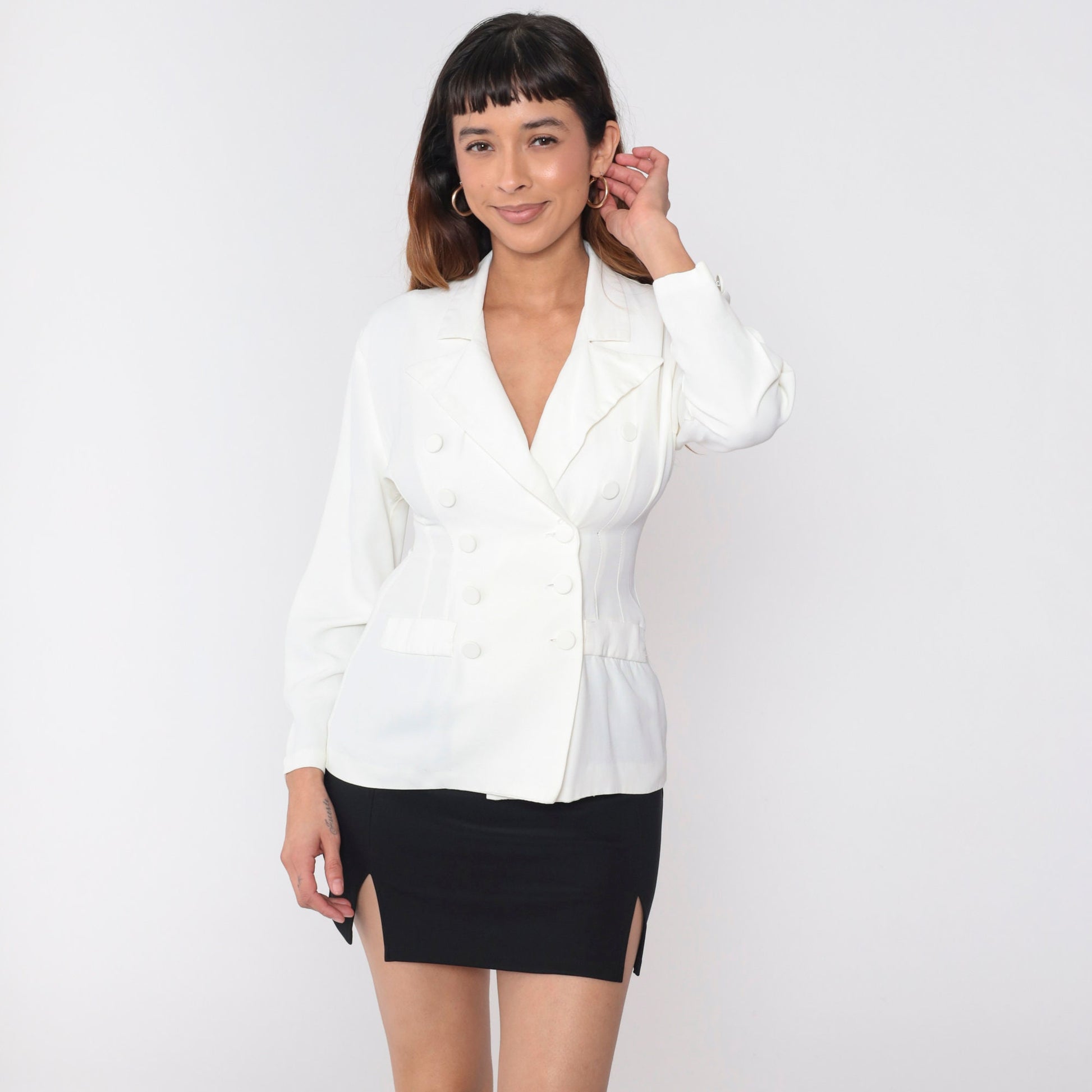 90s White Double Breasted Blazer Peak Lapel Princess Seam Small S