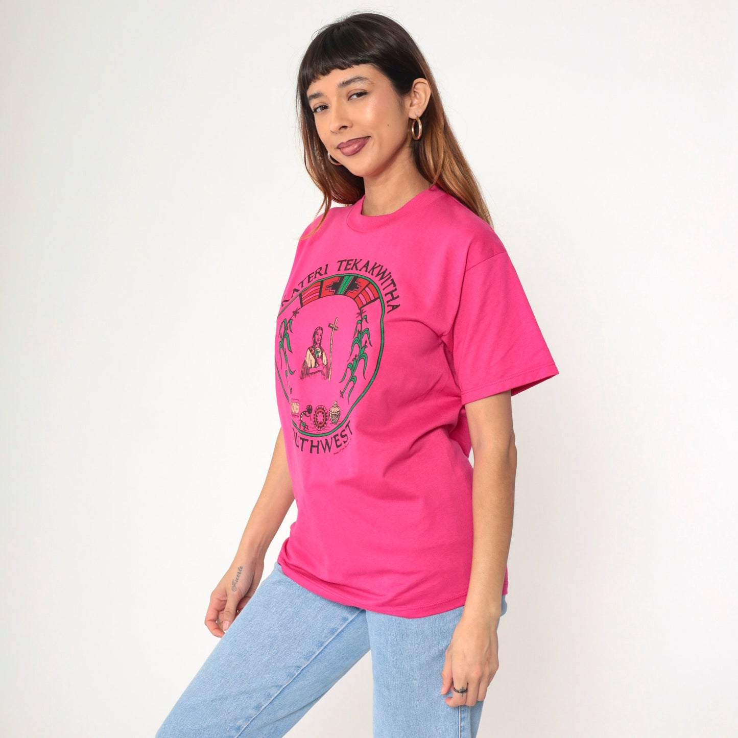 90s Kateri Tekakwitha Native American Saint Graphic T-Shirt Pink Small