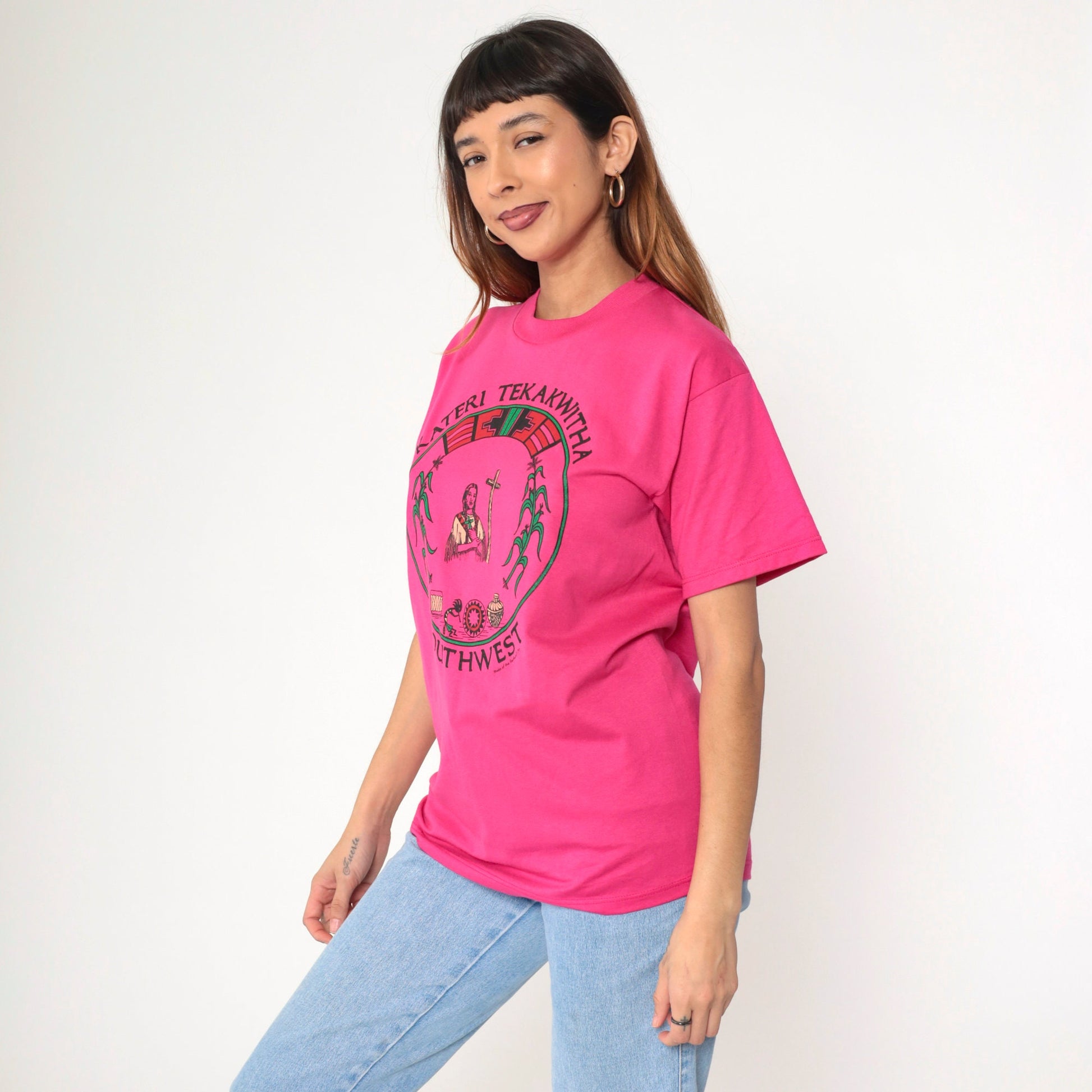 90s Kateri Tekakwitha Native American Saint Graphic T-Shirt Pink Small
