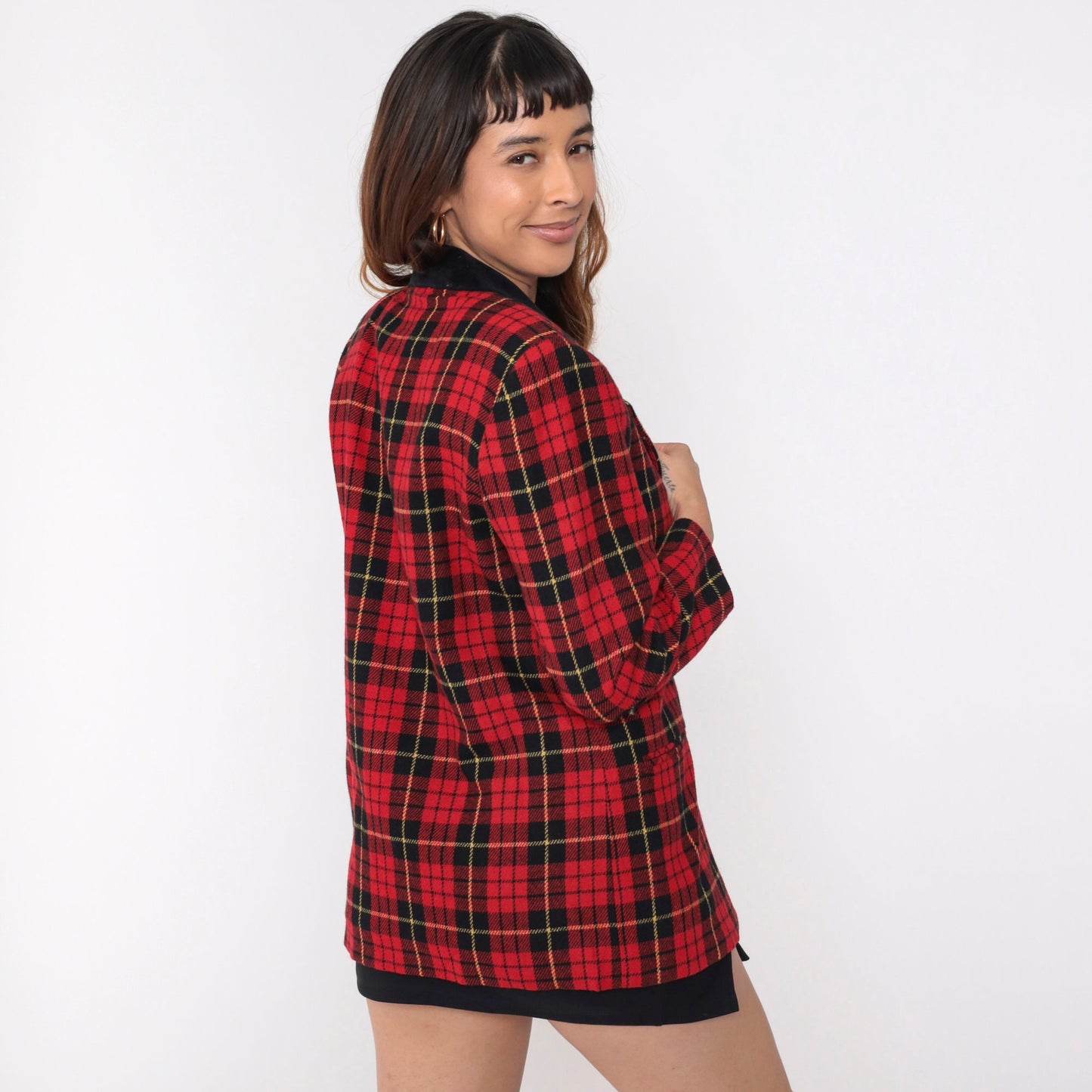 90s Red Plaid Wool Blazer Black Velvet Collar Button-Up Jacket Medium Petite