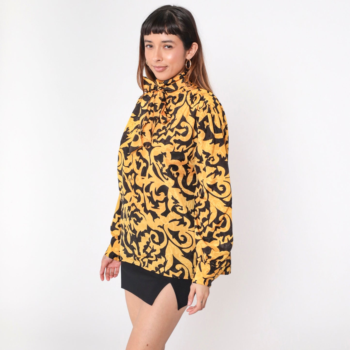 90s Anne Klein Baroque Blouse Puff Sleeve Ascot Neckline Black Gold Large 14