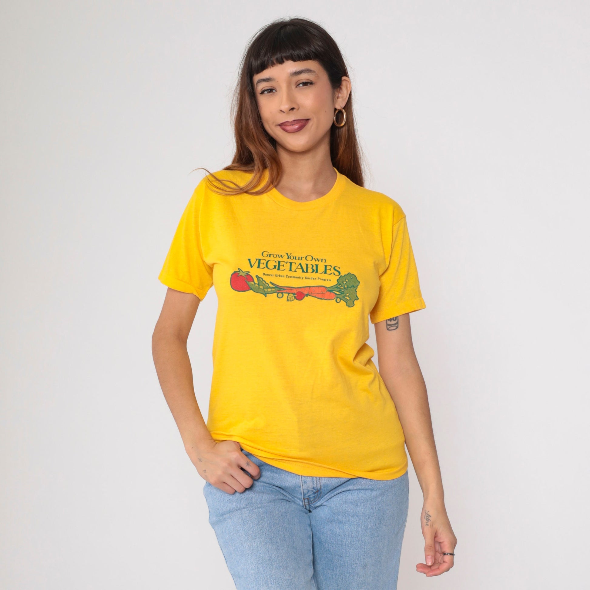 80s Denver Urban Community Garden Program Graphic T-Shirt Yellow Vegetable Gardening Small