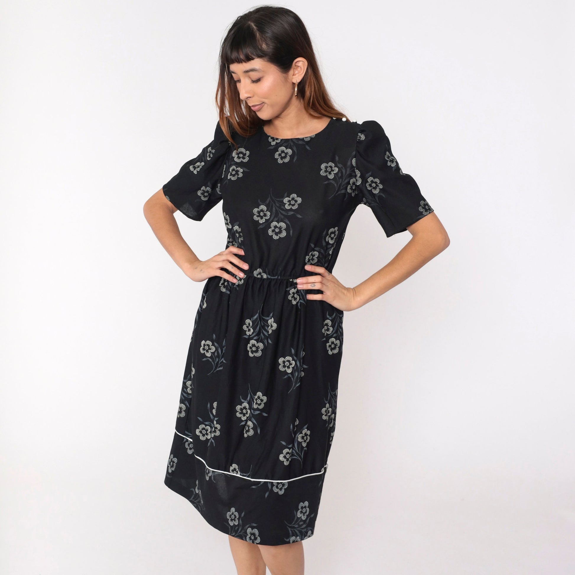 80s Black Floral Midi Dress Puff Sleeve High Waist Button Shoulder Medium