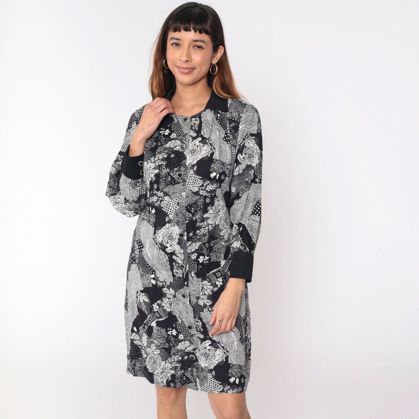 90s Patchwork Paisley Floral Mini Dress Black White Button Up Long Sleeve Medium