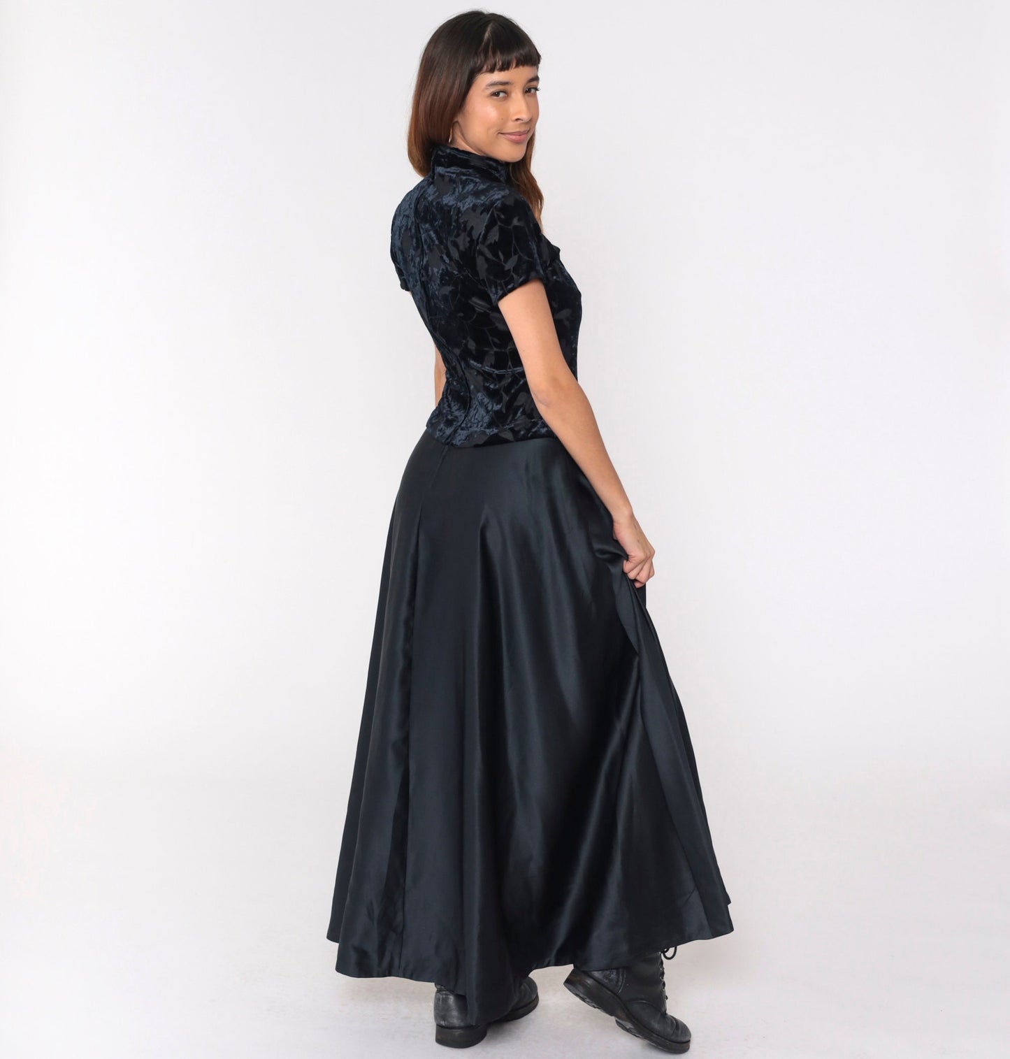 90s Black Velvet Burnout Maxi Dress Leaf Print Mock Neck Drop Waist Small 6