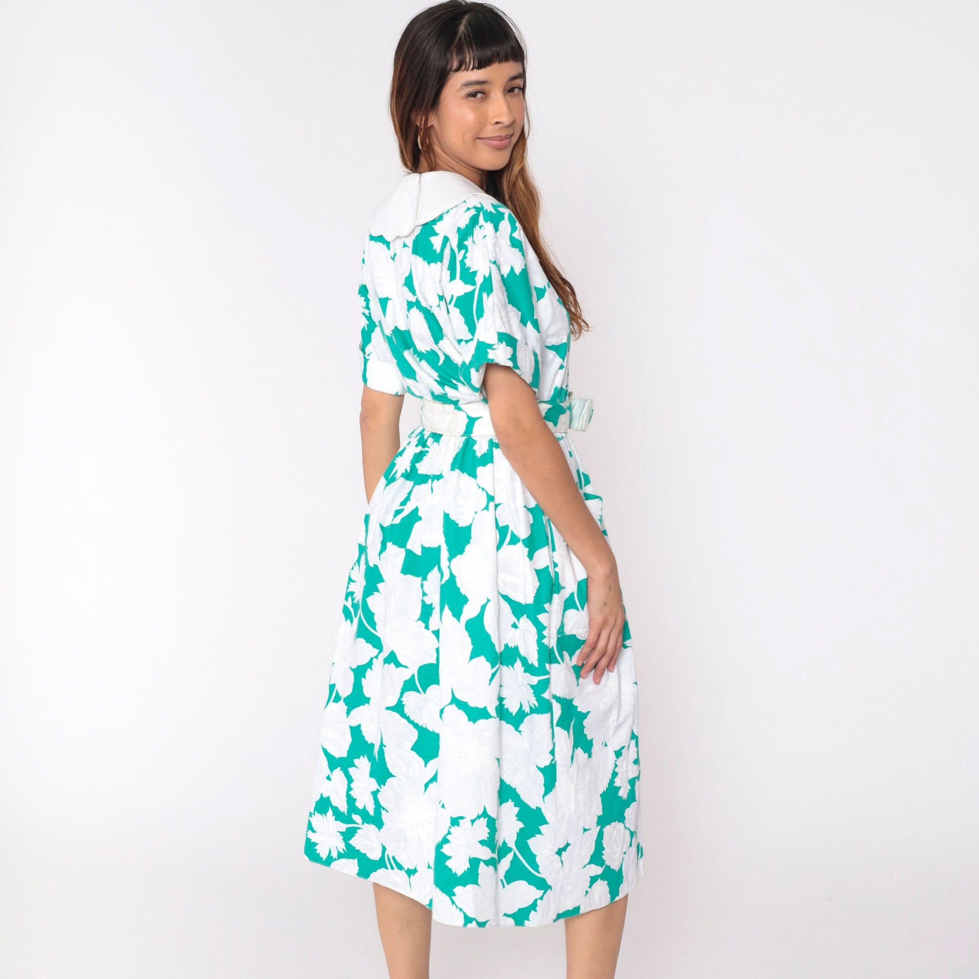 80s Leslie Fay Floral Midi Shirtdress Green White Scalloped Collar Belted Large