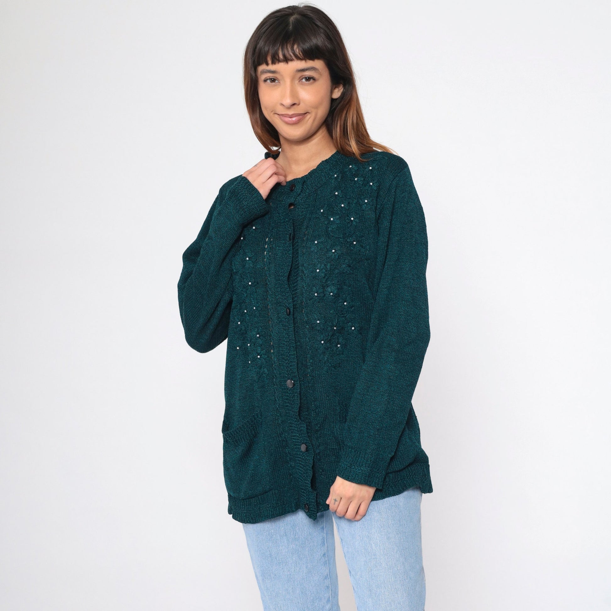 90s Beaded Floral Cardigan Blue Black Pearl Button-Up Knit Large L