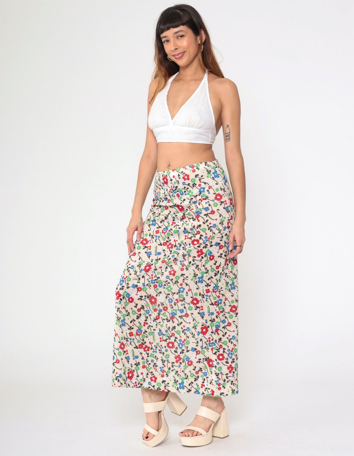 70s Floral Maxi Skirt High Waist Elastic Cream Red Green Blue Medium