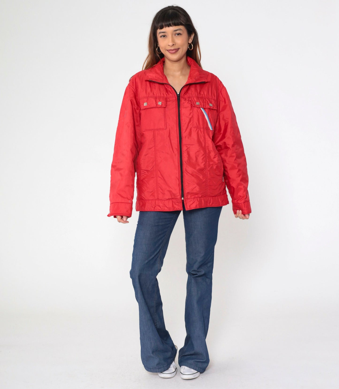 80s Red Ski Puffer Jacket Blue White Stripe Chest Pocket Nylon Large