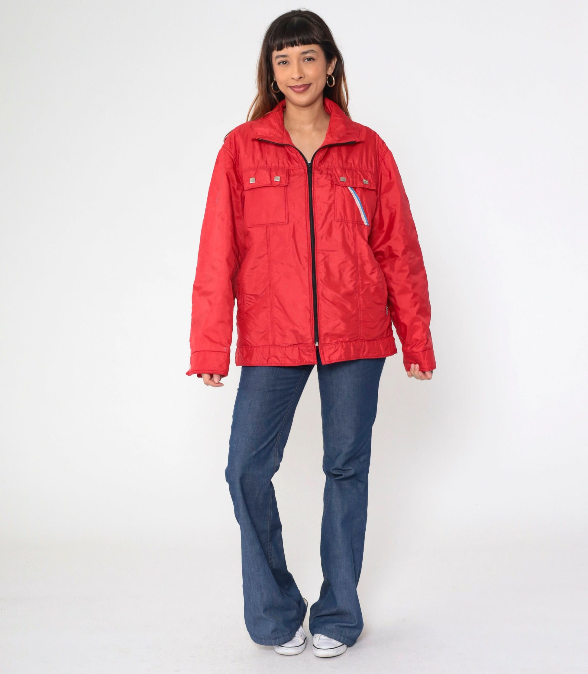 80s Red Ski Puffer Jacket Blue White Stripe Chest Pocket Nylon Large