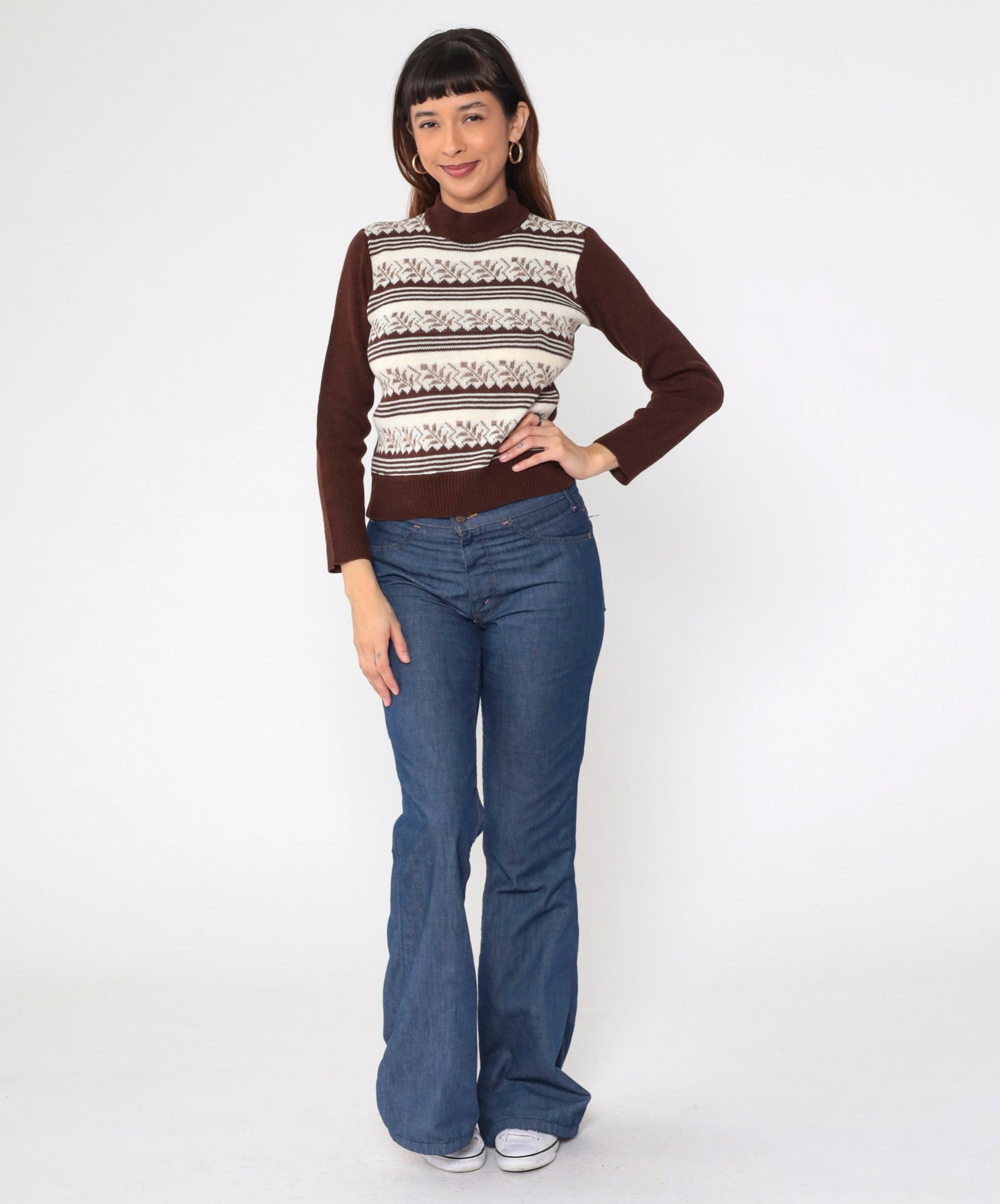 70s Leaf Print Mock Neck Sweater Brown White Striped Knit Extra Small