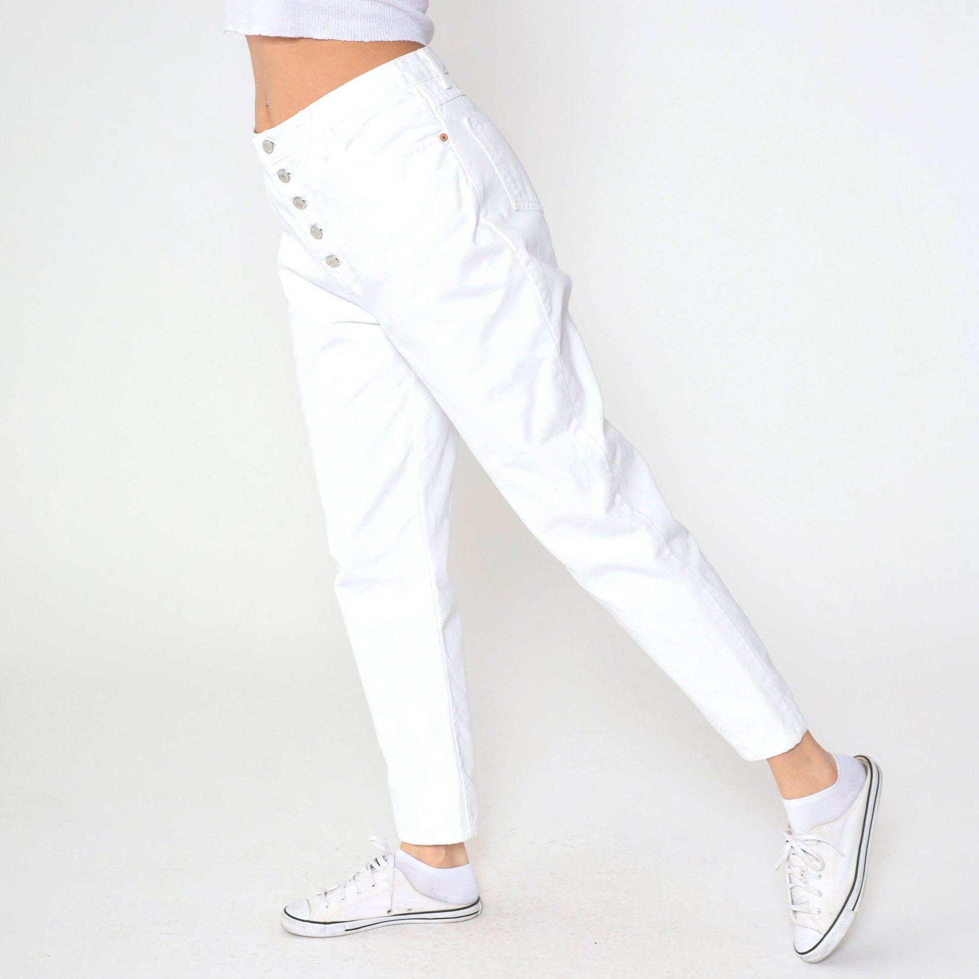 90s White High-Waisted Tapered Jeans Exposed Button Fly Cotton Denim Large