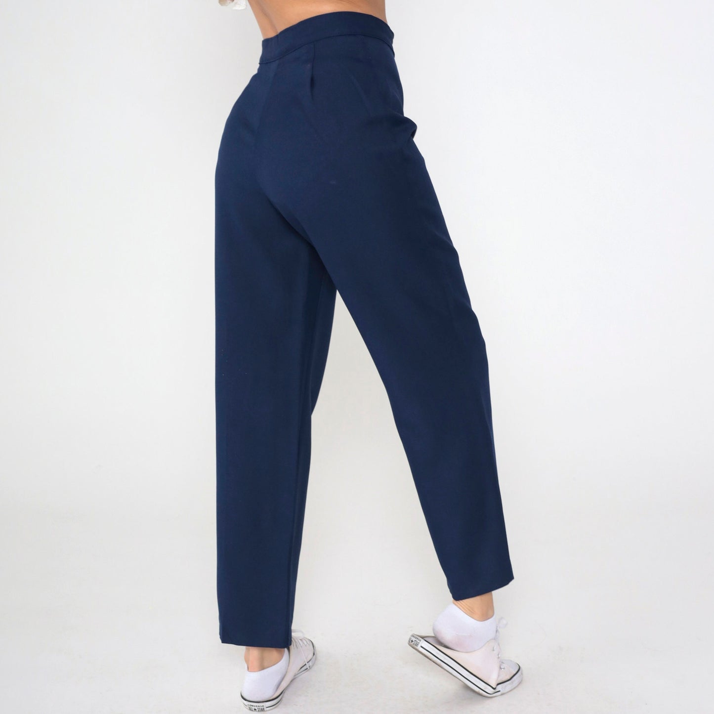 90s Navy Straight Leg High Rise Trousers Wool Blend Small 26