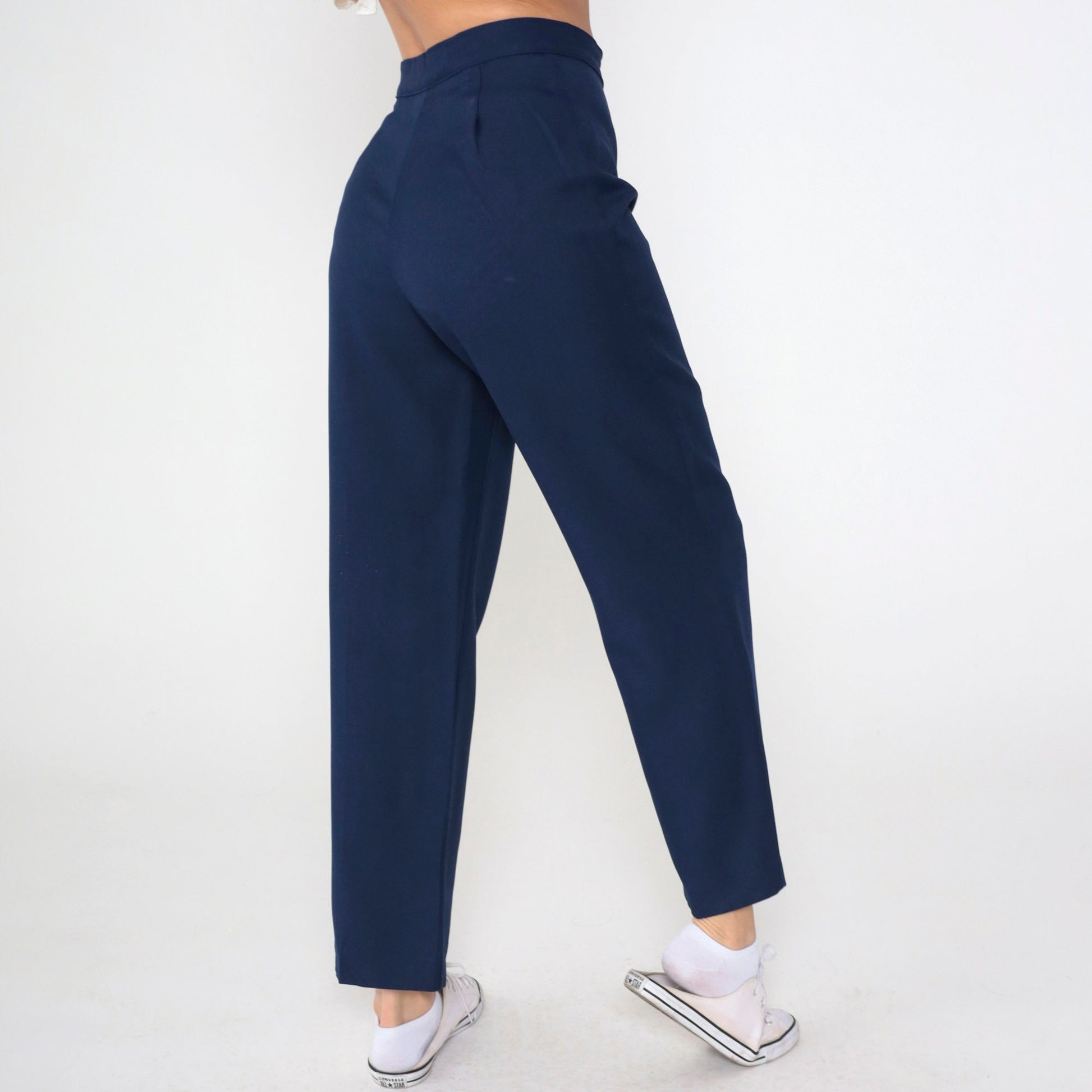 90s Navy Straight Leg High Rise Trousers Wool Blend Small 26