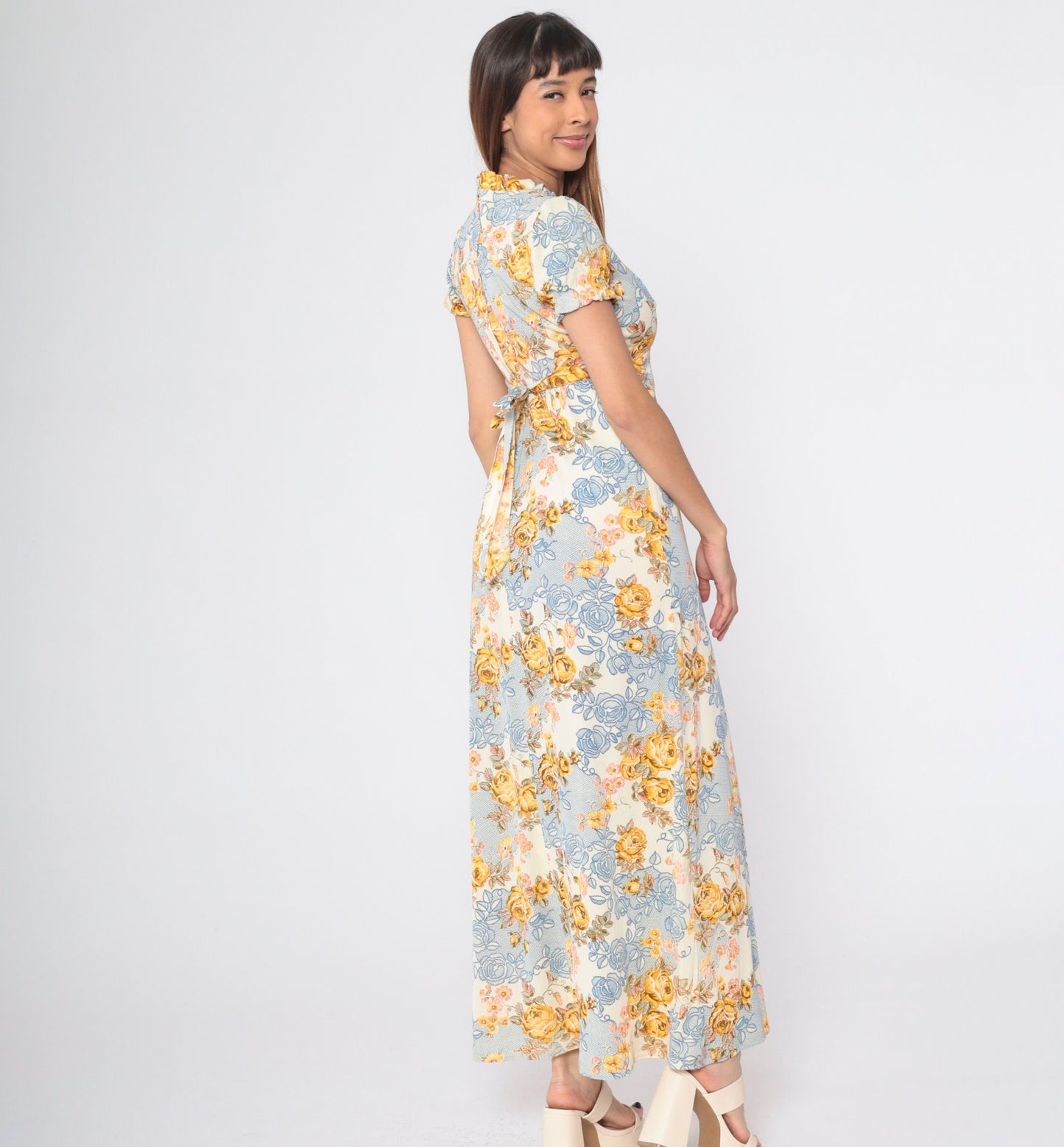 70s Floral Maxi Dress Empire Waist Puff Sleeve Cream Rose Print Small S