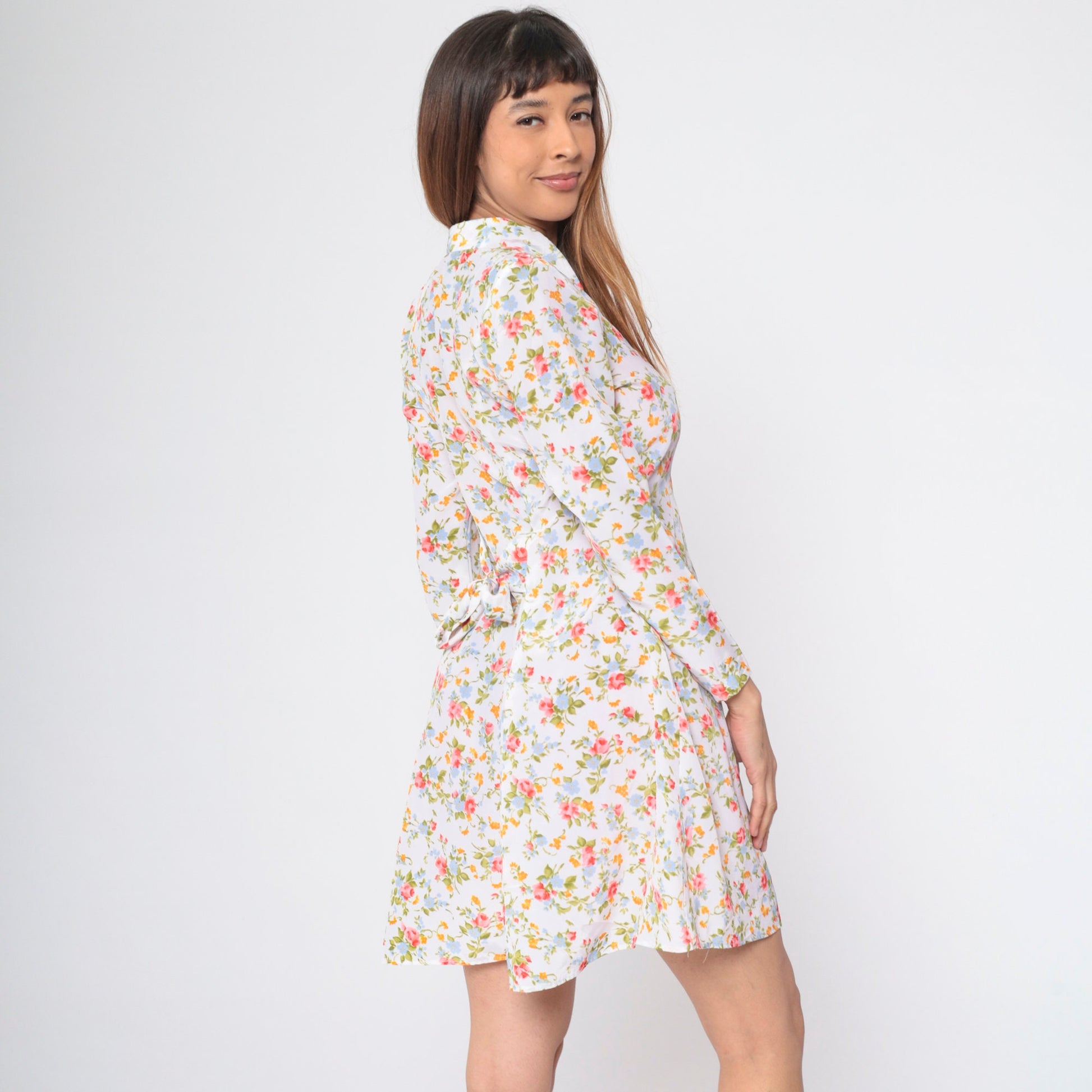 90s White Floral Mini Dress Button-Up Long Sleeve Ditsy Print Medium M